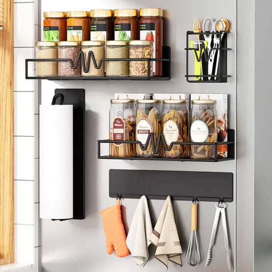 5-Pack Magnetic Spice Rack for Refrigerator, Heavy Duty Magnetic Shelf for Fridge Set with Paper Towel Holder, Utensils Racks & Hook Rail, Home Kitchen Laundry Room RV Storage Organization- Black