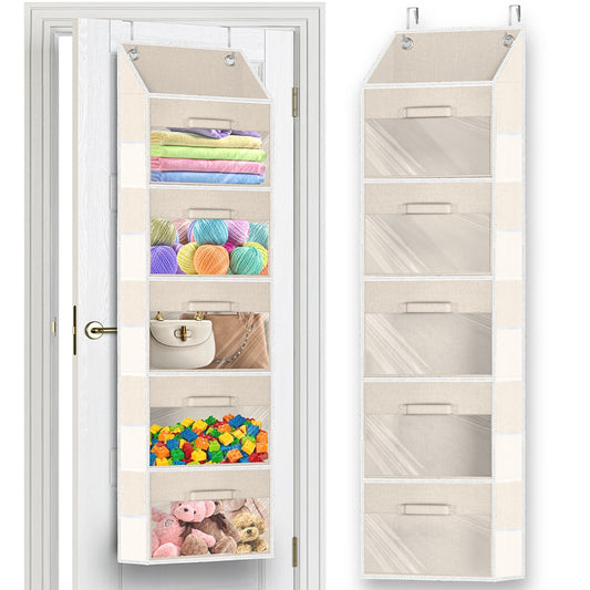 Ofiray-home Hanging Yarn Storage Organizer with 5 Drawers, Over the Door Large Capacity Knitting Organizer Storage&10 Mesh Side Pockets, Hanging Yarn Holder for Knitting Needles, Crochet Hooks- Beige