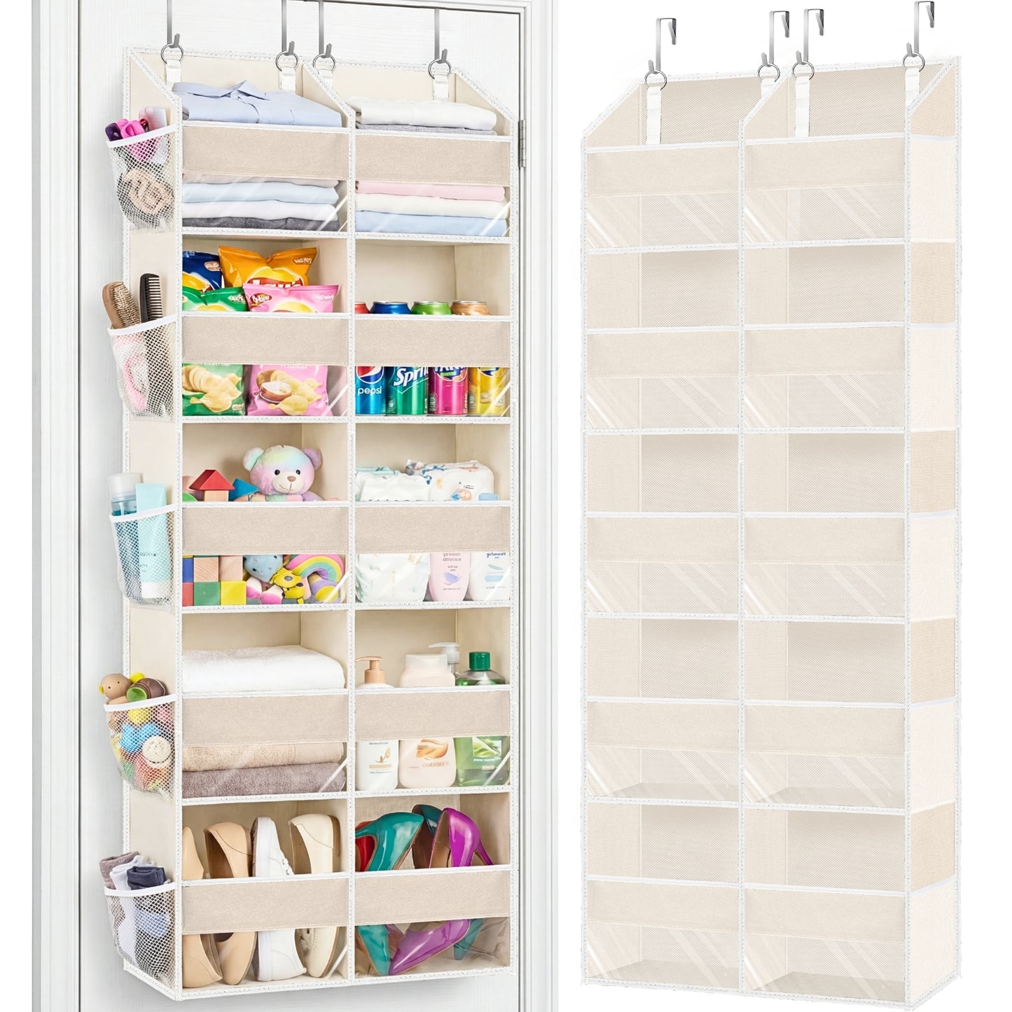 Over Door Organizer, 5-Tier Large Hanging Storage Organizer with 10 Mesh Side Pockets Behind Door Storage Shelf with Clear Windows for Kitchen Bathroom Bedroom Nursery, Toys, Diapers, Shoe