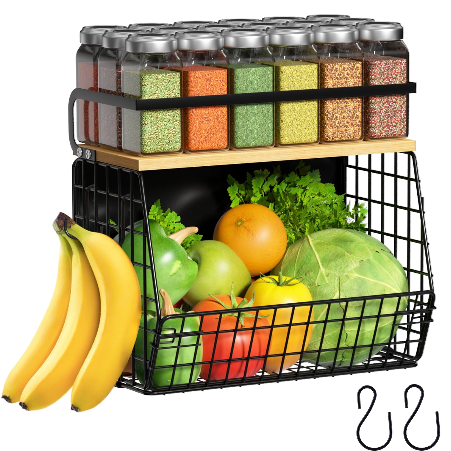 Magnetic Shelf for Refrigerator with Wood Lid, Fruit Potato & Onion Storage Bins, Pantry Organizers & Storage, Large Container Magnetic Spice Rack for Refrigerator, Kitchen Counter, Cabinet