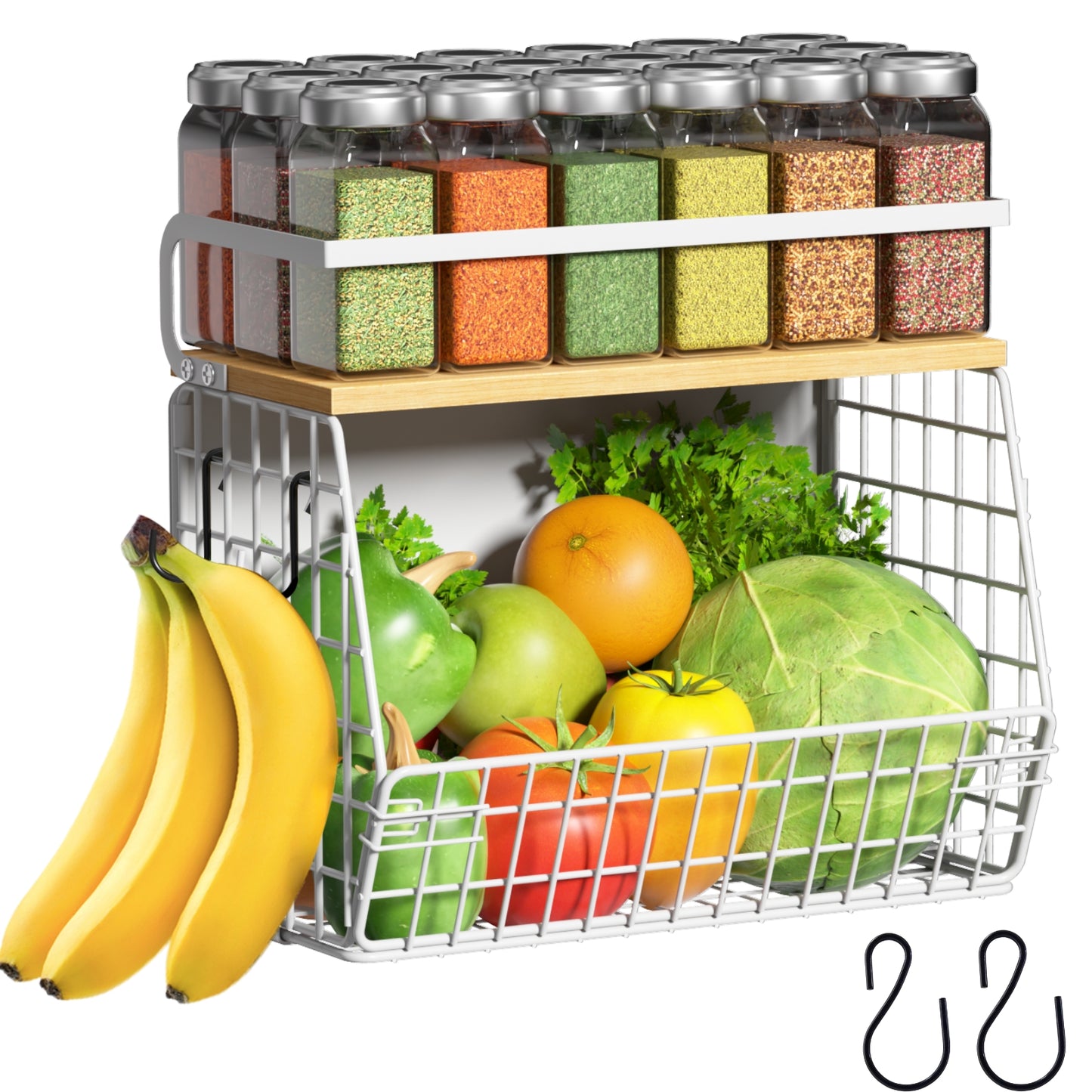 Magnetic Shelf for Refrigerator with Wood Lid, Fruit Potato & Onion Storage Bins, Pantry Organizers & Storage, Large Container Magnetic Spice Rack for Refrigerator, Kitchen Counter, Cabinet