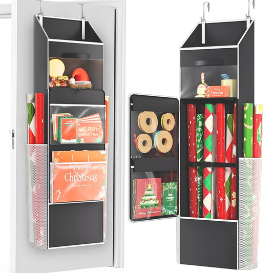 Ofiray-home 2-in-1 Wrapping Paper Organizer Storage, Over Door or Under Bed Organizer with Removable Drawer & 4 Clear Pockets Wrap Storage for Ribbons, Bows, Ornament and Other Tools