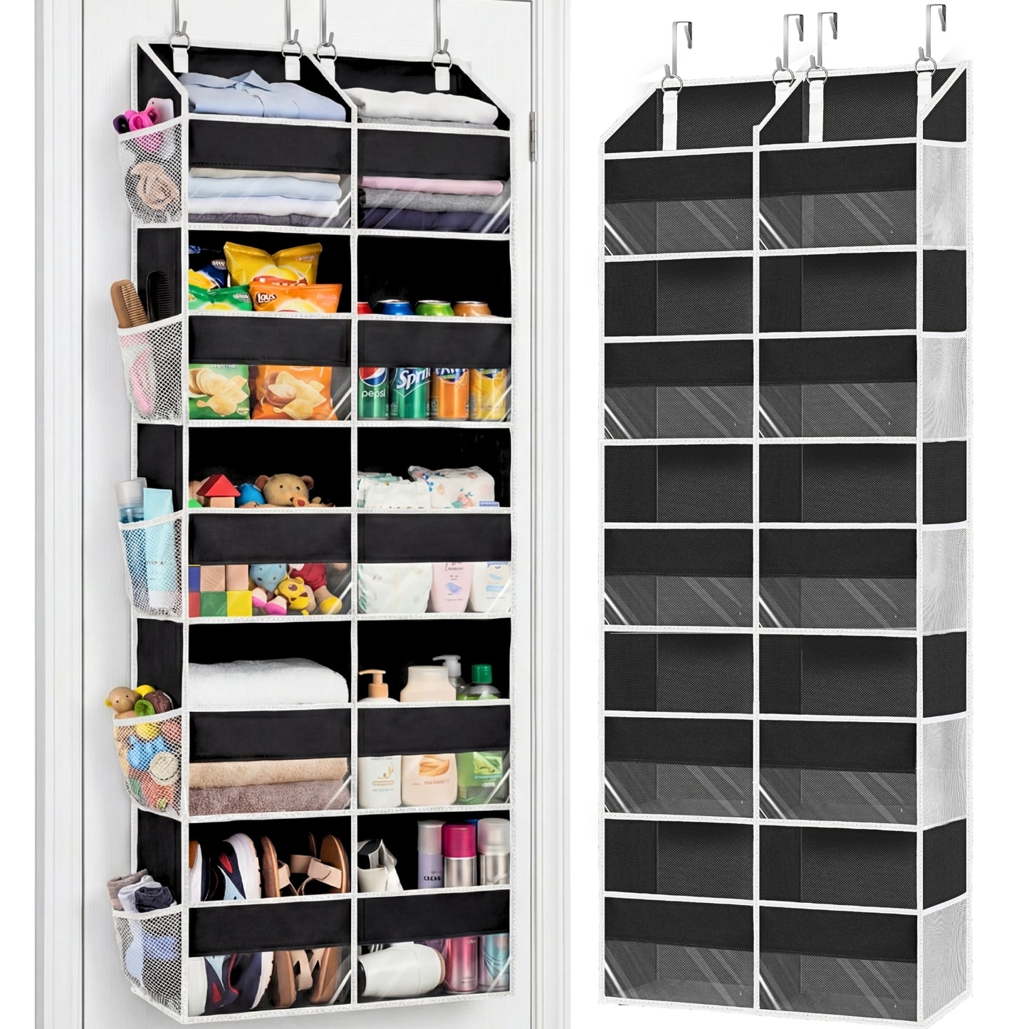 Over Door Organizer, 5-Tier Large Hanging Storage Organizer with 10 Mesh Side Pockets Behind Door Storage Shelf with Clear Windows for Kitchen Bathroom Bedroom Nursery, Toys, Diapers, Shoe
