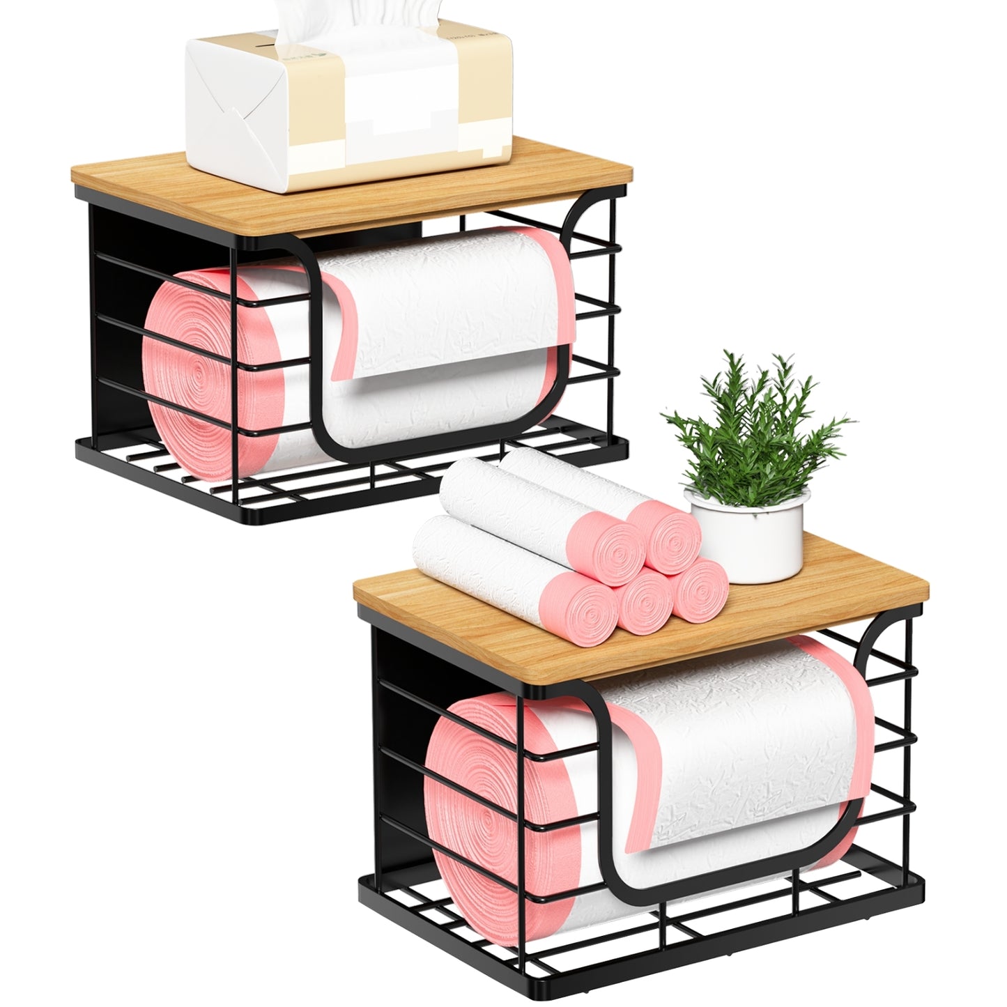 Magnetic Shelf for Fridge Trash Bag Organizer, 2 Pack Stackable Garbage Bag Holder with Bamboo Lid, Magnetic Storage Bin for Refrigerator, Under Sink, Kitchen, Pantry, Small Space Organization – Black