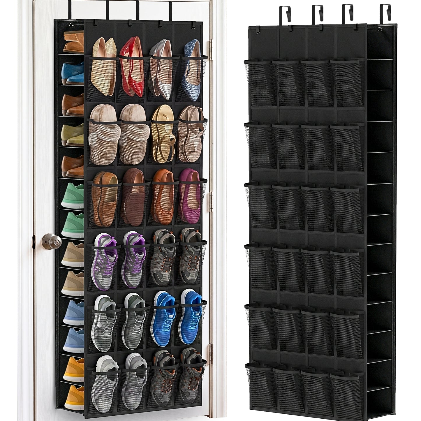 Over The Door Shoe Organizer, 50 Large Pockets Double-Sided Shoe Organizer for Closet Door, Hanging Shoe Storage Up to 50 Pairs, Mesh Front Pockets & Side Storage for Sneakers, Heels