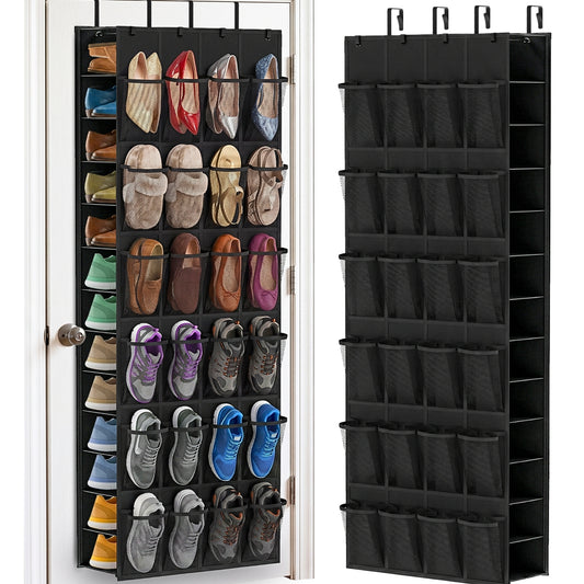Over The Door Shoe Organizer, 50 Large Pockets Double-Sided Shoe Organizer for Closet Door, Hanging Shoe Storage Up to 50 Pairs, Mesh Front Pockets & Side Storage for Sneakers, Heels