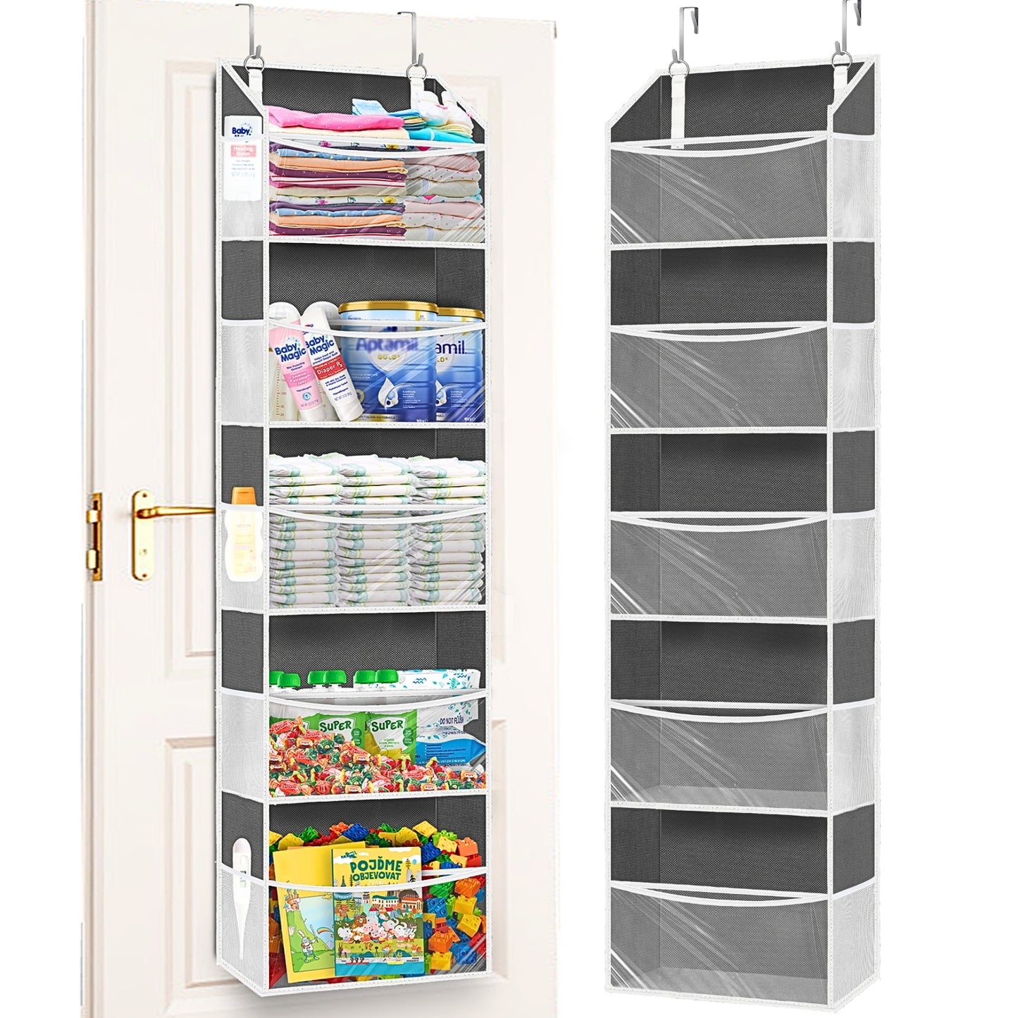 Ofiray-home Over Door Organizer with 5 Large Pockets, 5 Transparent Front Pockets & 10 Mesh Side Pockets, 50 lbs Weight Capacity Hanging Storage for Toys, Shoes, Diapers, Pantry – Grey