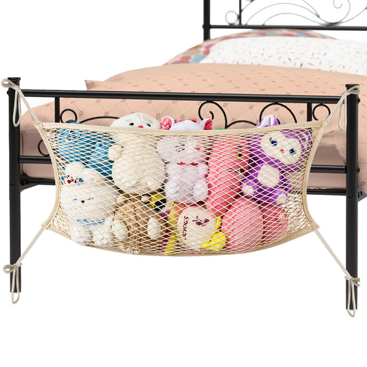Stuffed Animal Storage Net for Kids, Bedside Toy Organizer Net - Neatly Store Your Stuffed Animals, Cotton Bedside Stuffed Animal Storage Net with Tether, Stretches up to 35 Inches, Beige