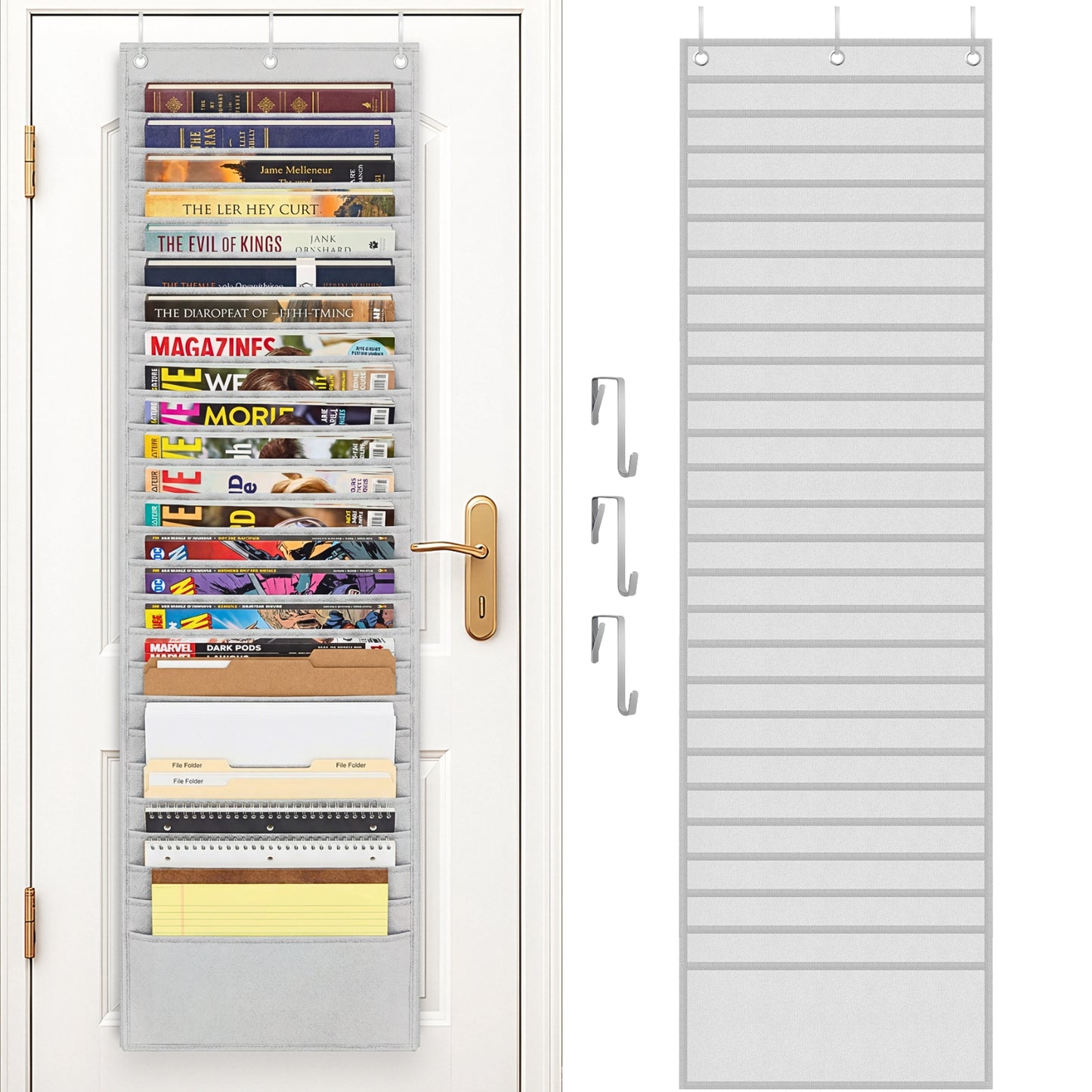26-Pocket Over The Door File Organizer - Vertical Hanging Storage for Magazines, Documents & Paper, Heavy-Duty Door Organizer for Office, Classroom & Home
