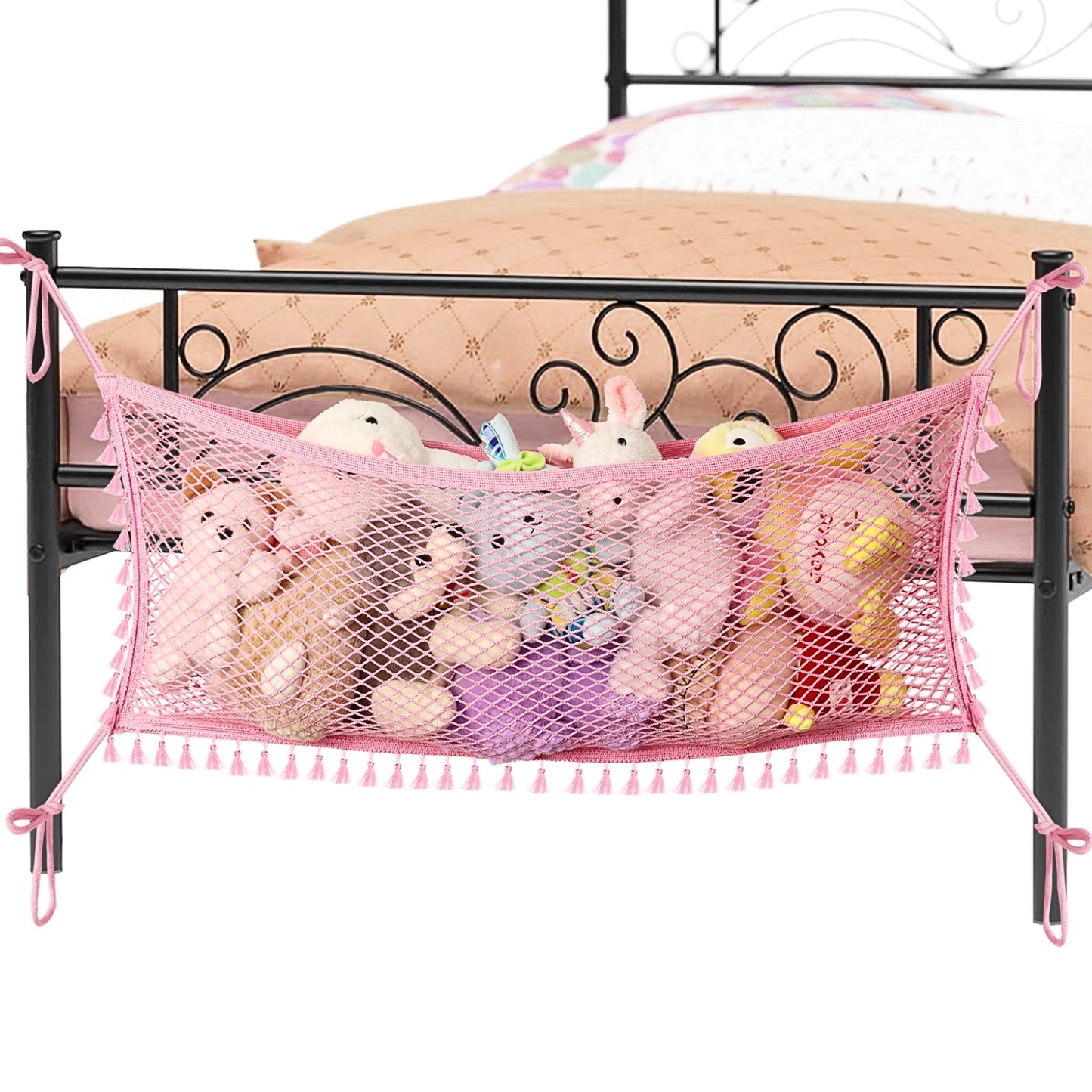 Ofiray-home Stuffed Animal Hammock, Bedside Stuffed Animal Storage Net Corner - Kids Nursery Wall Bedroom Home Decor, Cotton Bedside Toy Organizer Net with Tether, Stretches up to 32 In, Pink