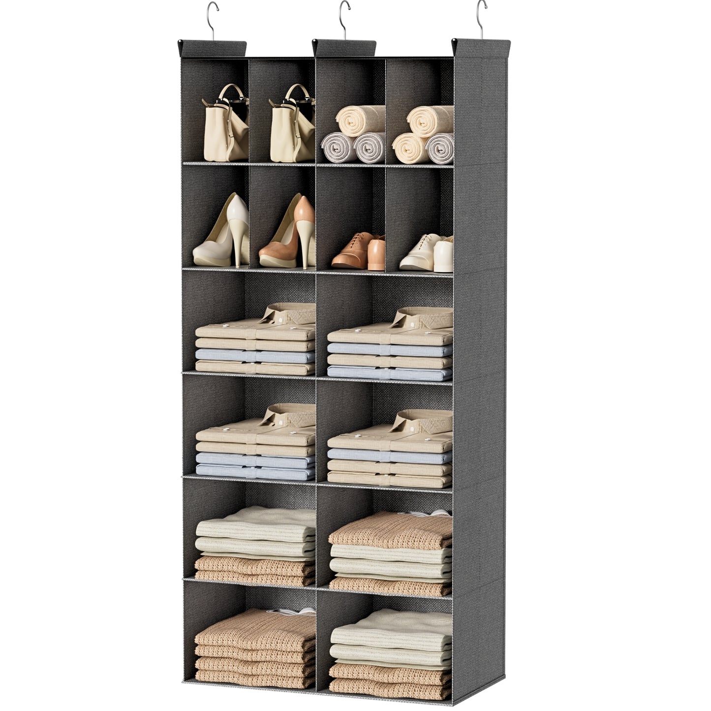 6 Tier Hanging Closet Organizer, 16 Compartments Sweater Organizer for Closet with 3 Sturdy Hooks, Closet Organizers and Storage, Wardrobe, Rv, Garment Rack, Grey