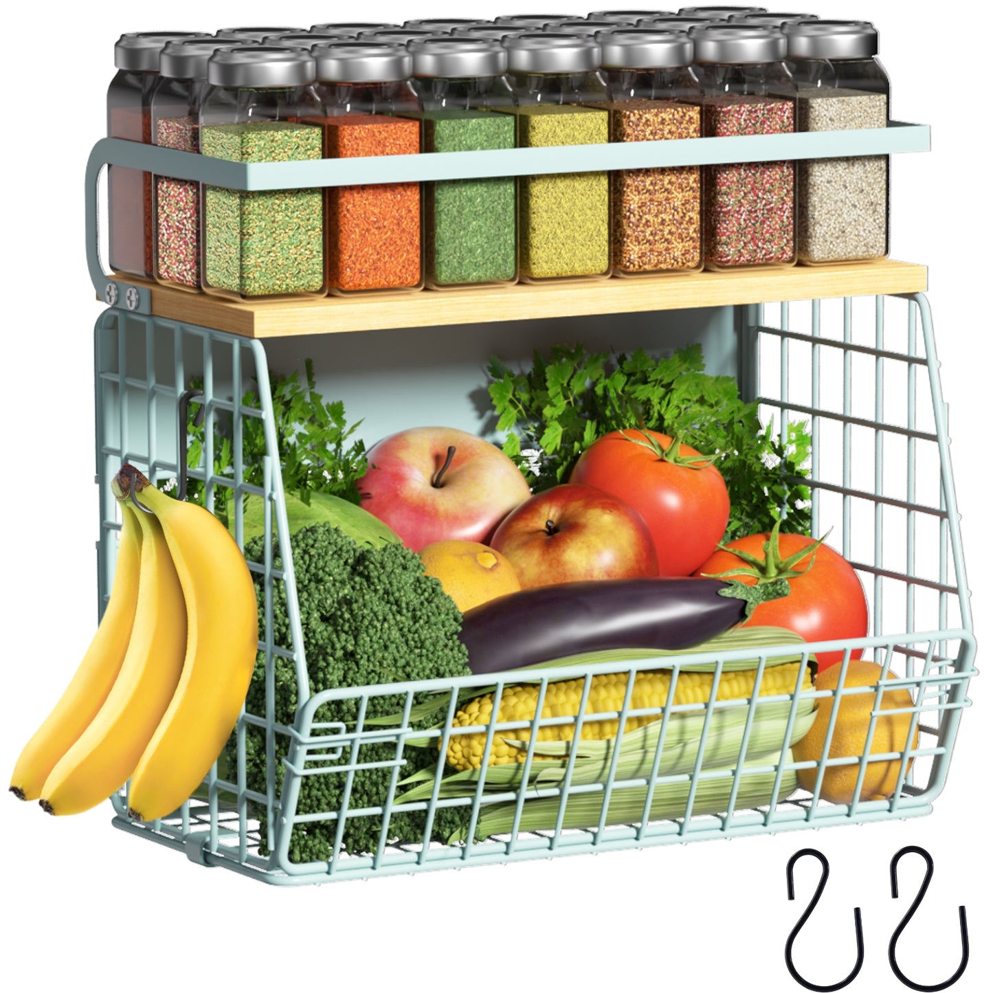 Magnetic Shelf for Refrigerator with Wood Lid, Fruit Potato & Onion Storage Bins, Pantry Organizers & Storage, Large Container Magnetic Spice Rack for Refrigerator, Kitchen Counter, Cabinet