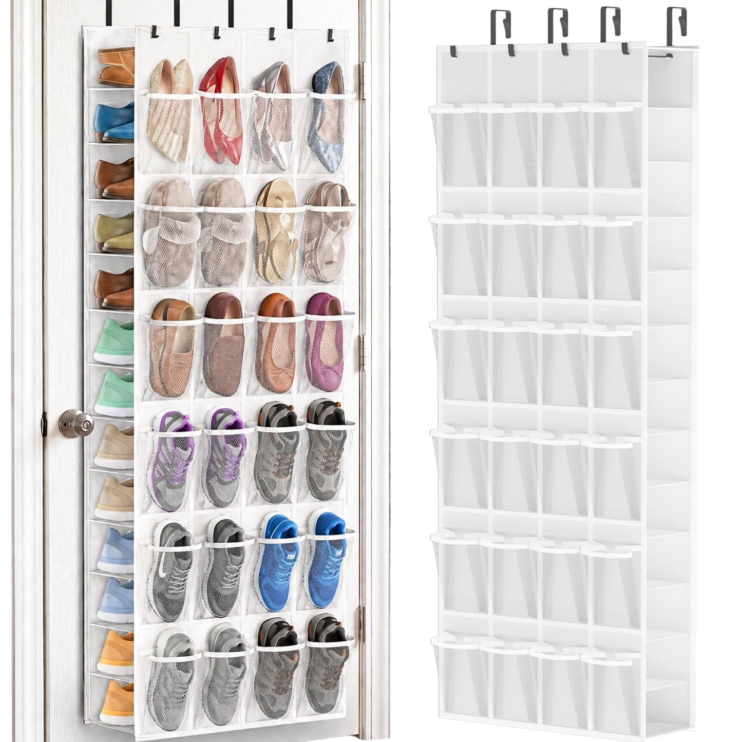Over The Door Shoe Organizer, 50 Large Pockets Double-Sided Shoe Organizer for Closet Door, Hanging Shoe Storage Up to 50 Pairs, Mesh Front Pockets & Side Storage for Sneakers, Heels