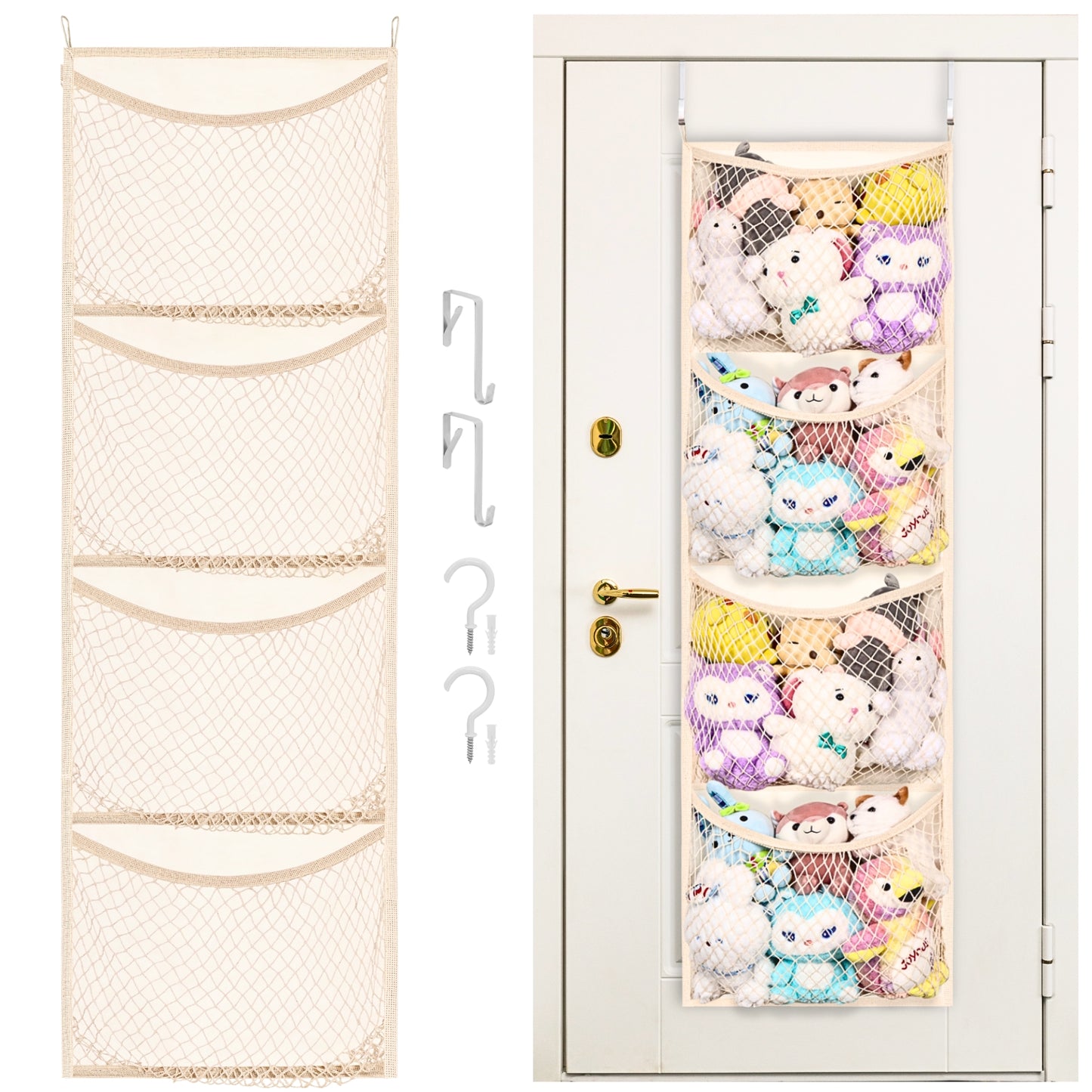 Over The Door Stuffed Animal Storage, Cotton Toy Organizer for Storage Plush Toys,Baby Supplies, Stuffed Animal Holder with 4 Large Pockets, Hanging Door Organizer for Nursery, Bedroom, Kids Room