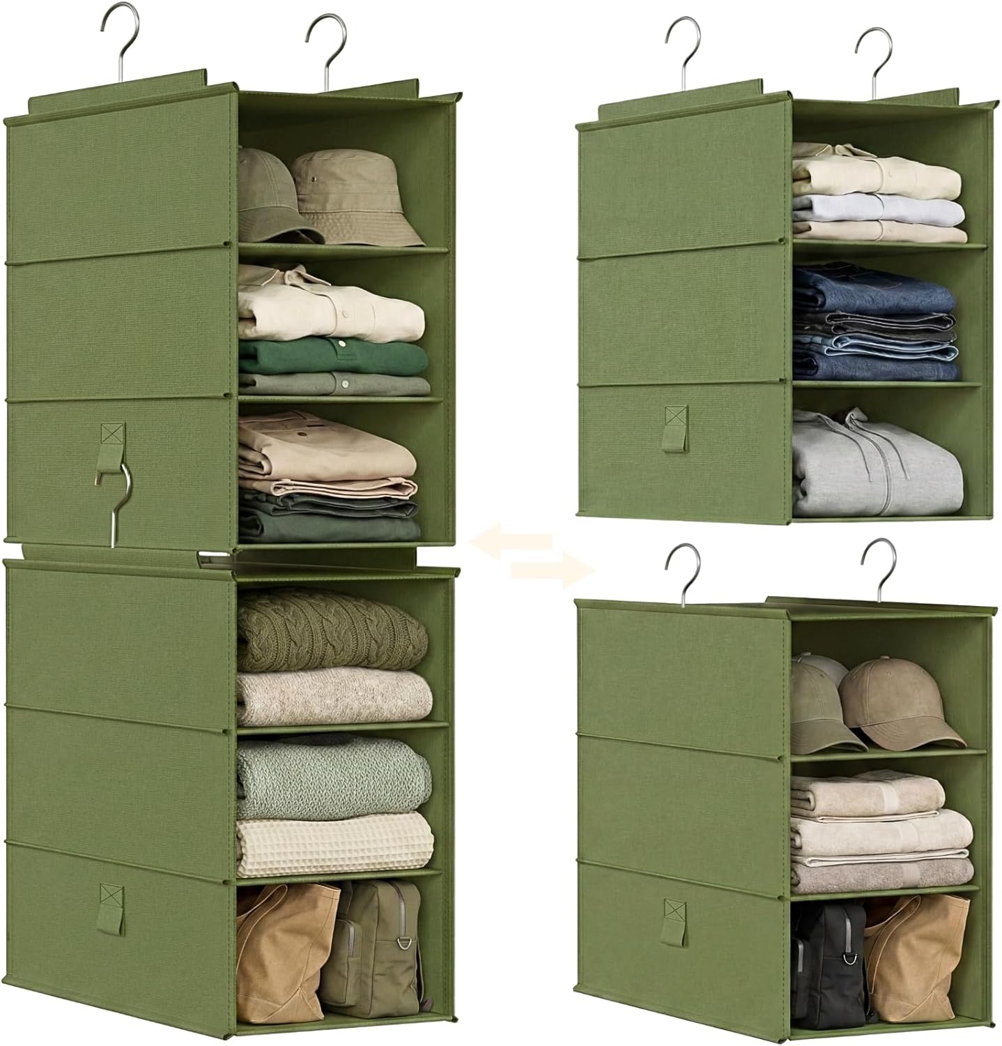 Extra Deep Hanging Closet Organizer 2 Pack, 3-Shelf Separable Closet Organizers and Storage with Linen Texture, Foldable Space-Saving Hanging Shelves for Clothes, Handbag, Hats, Dorm & RVs