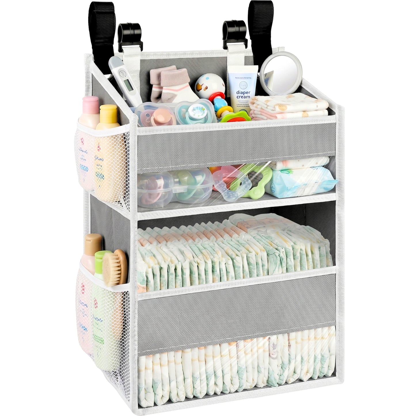 Ofiray-home Hanging Diaper Organizer for Changing Table,Cribs,Car,Playard or Wall & Nursery Organization-Durable 2-Tier Diaper Organizer with Mesh Pockets and Viewable Design, Won't Deform, Light Gray
