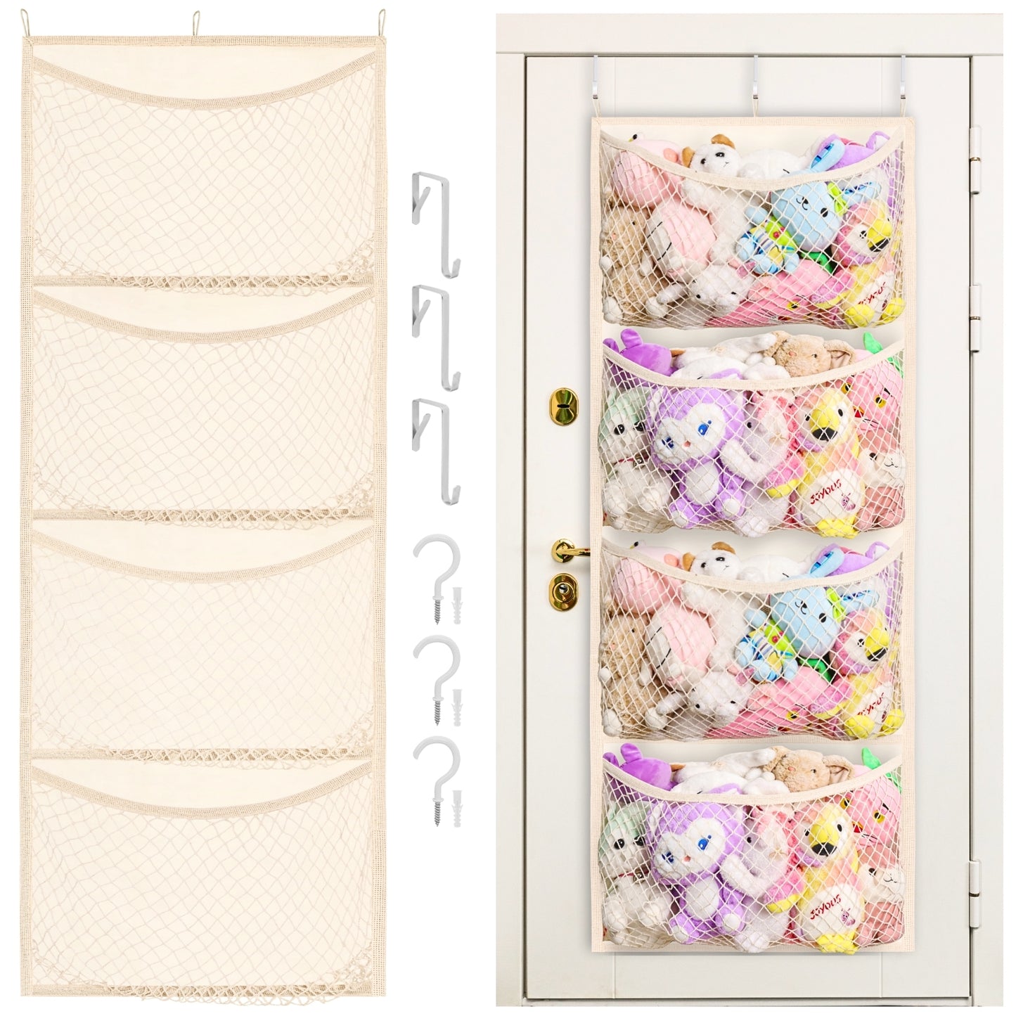 Wide Over The Door Stuffed Animal Storage, Cotton Toy Organizer for Plush Toys, Baby Supplies, Stuffed Animal Holder with 5 Large Pockets, Hanging Door Organizer for Nursery, Bedroom, Kids Room