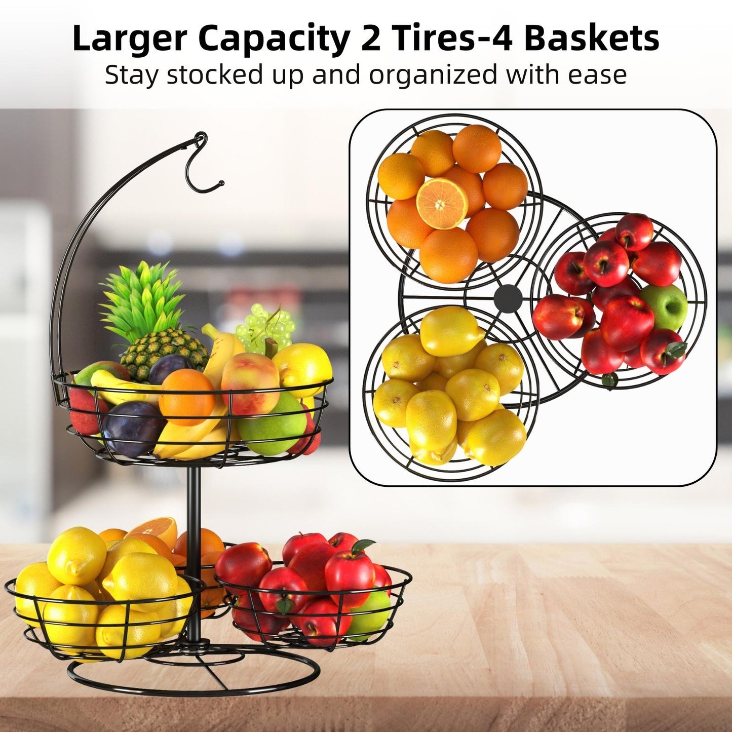 Rotating Fruit Basket Bowl with Banana Hanger for Kitchen Counter - Large Fruit Stand for Countertop, Black Metal Wire Basket Banana Hook Vegetable Holder Organizer for Produce Storage Snack Veggies