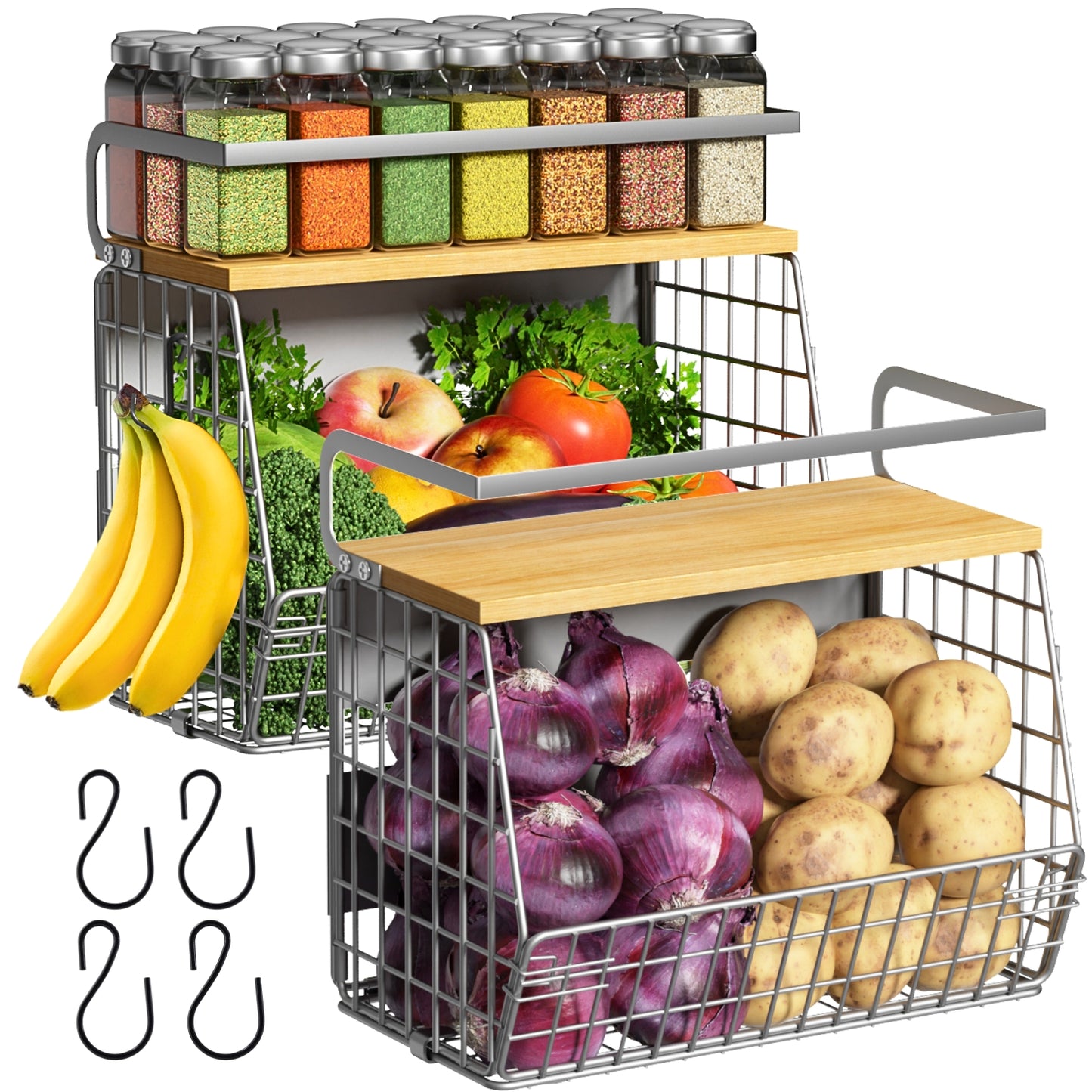 Magnetic Shelf for Refrigerator with Wood Lid, Fruit Potato & Onion Storage Bins, Pantry Organizers & Storage, Large Container Magnetic Spice Rack for Refrigerator, Kitchen Counter, Cabinet