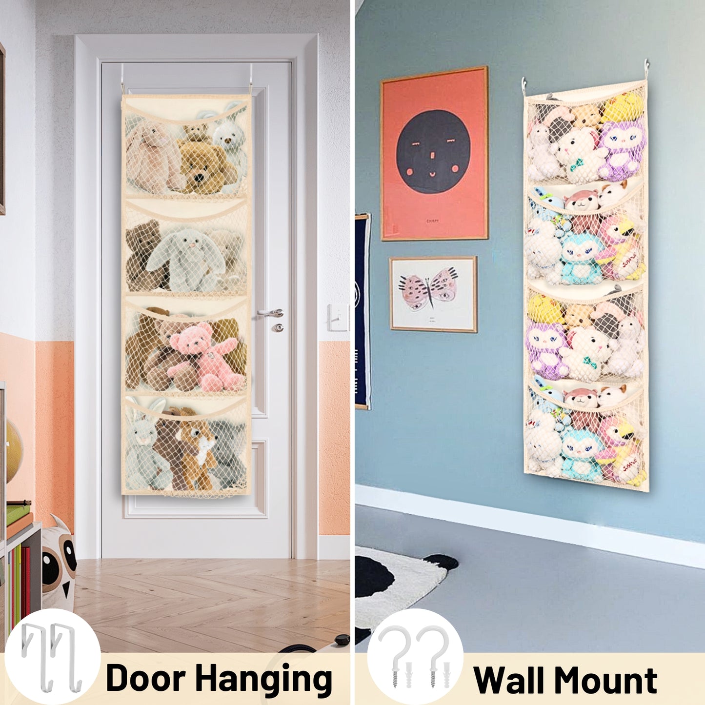 Over The Door Stuffed Animal Storage, Cotton Toy Organizer for Storage Plush Toys,Baby Supplies, Stuffed Animal Holder with 4 Large Pockets, Hanging Door Organizer for Nursery, Bedroom, Kids Room