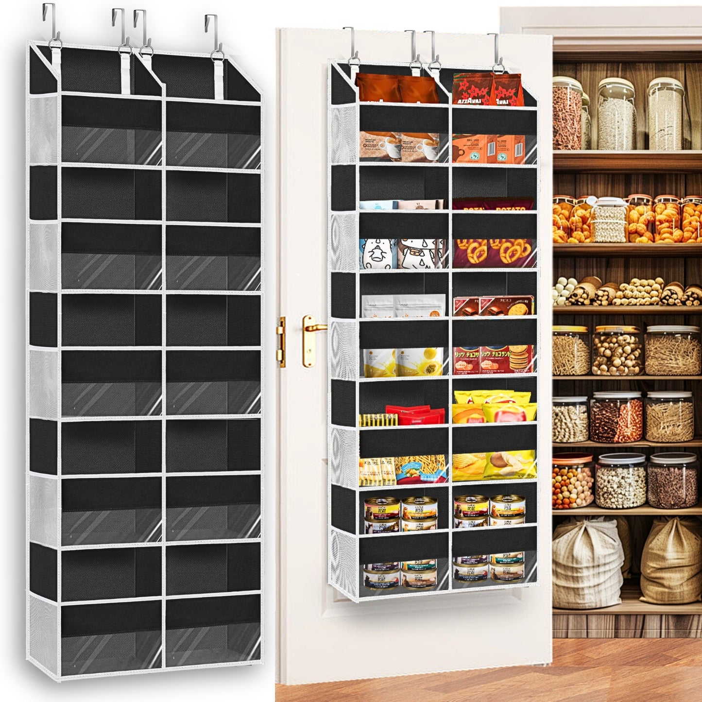 Over Door Organizer, 5-Tier Large Hanging Storage Organizer with 10 Mesh Side Pockets Behind Door Storage Shelf with Clear Windows for Kitchen Bathroom Bedroom Nursery, Toys, Diapers, Shoe