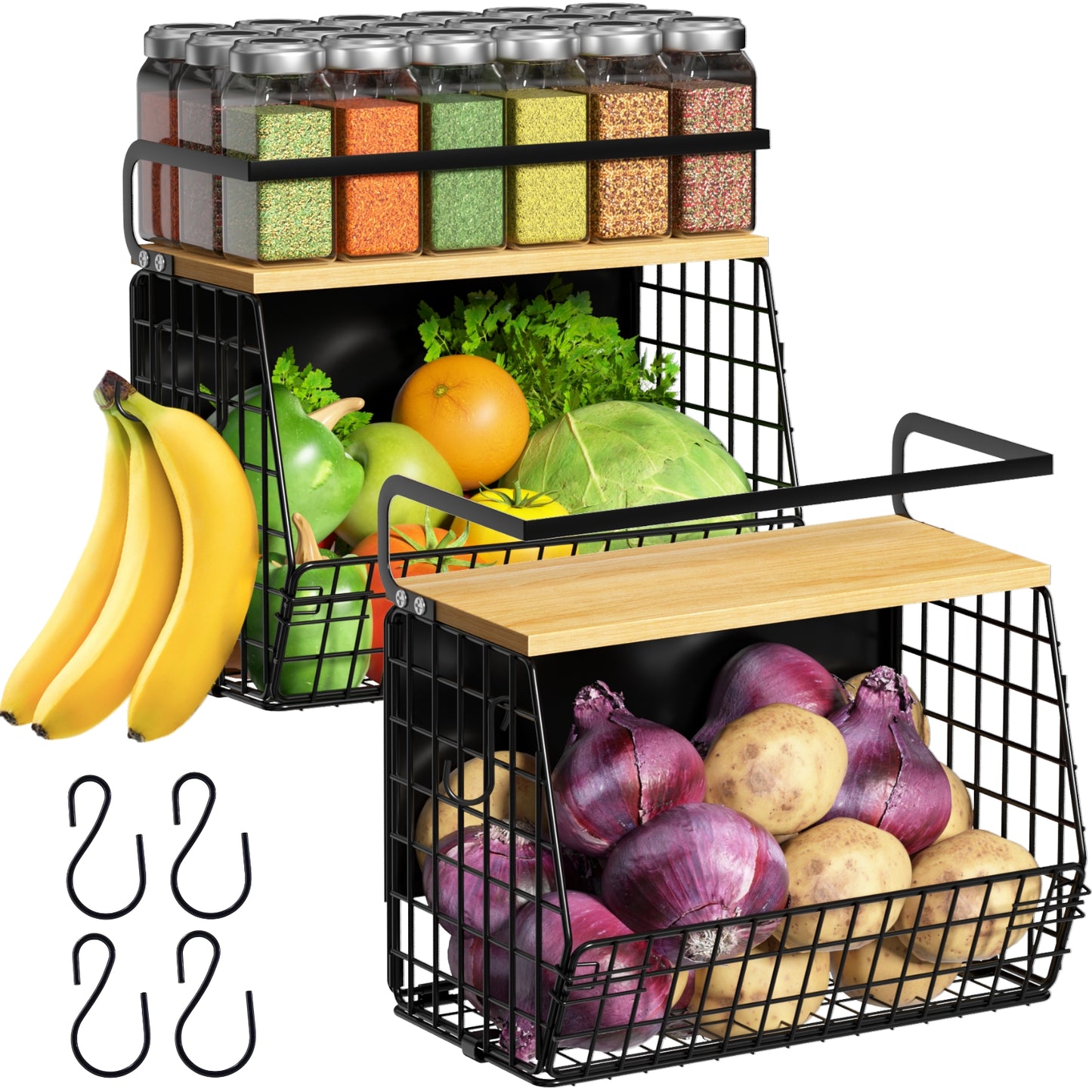 Magnetic Shelf for Refrigerator with Wood Lid, Fruit Potato & Onion Storage Bins, Pantry Organizers & Storage, Large Container Magnetic Spice Rack for Refrigerator, Kitchen Counter, Cabinet