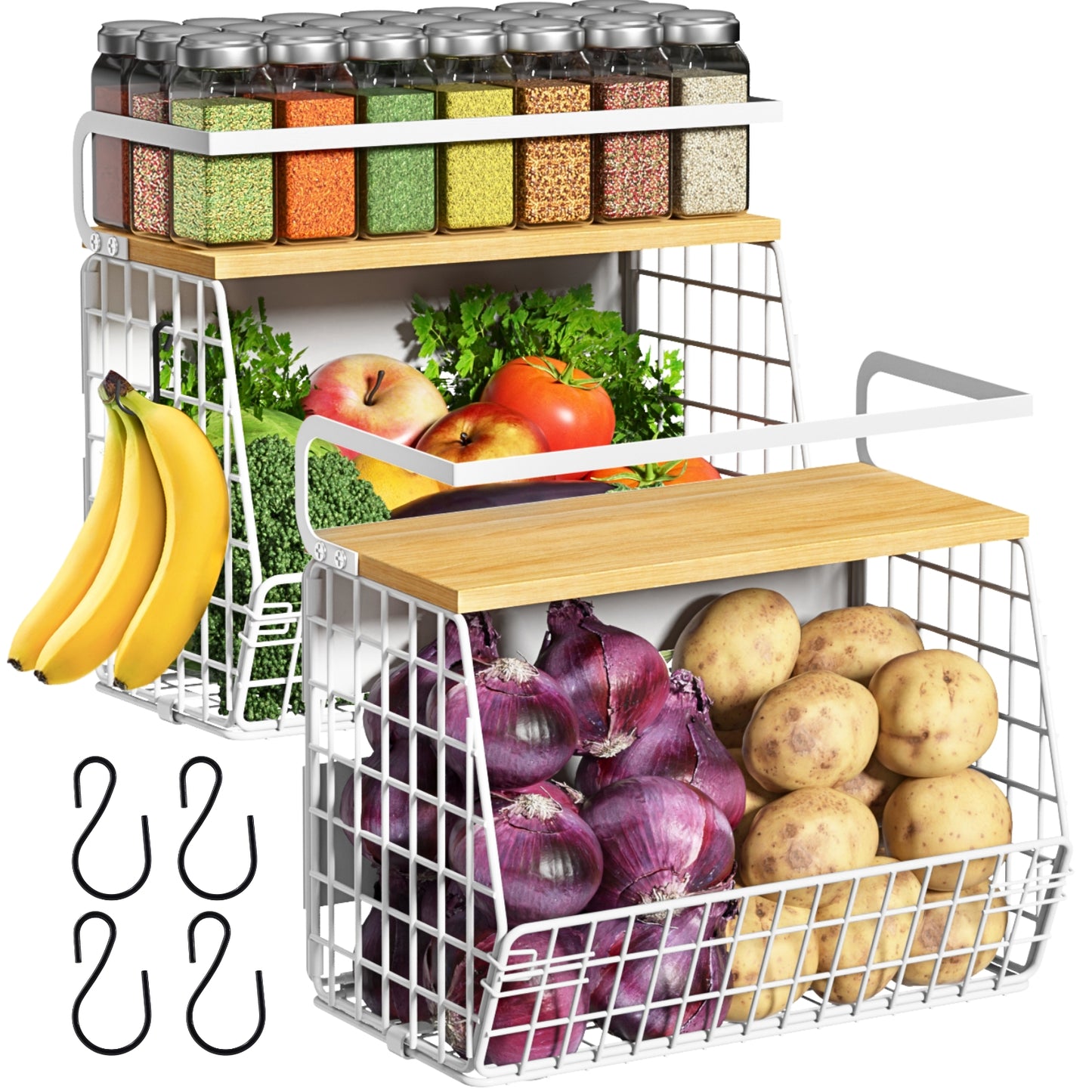 Magnetic Shelf for Refrigerator with Wood Lid, Fruit Potato & Onion Storage Bins, Pantry Organizers & Storage, Large Container Magnetic Spice Rack for Refrigerator, Kitchen Counter, Cabinet