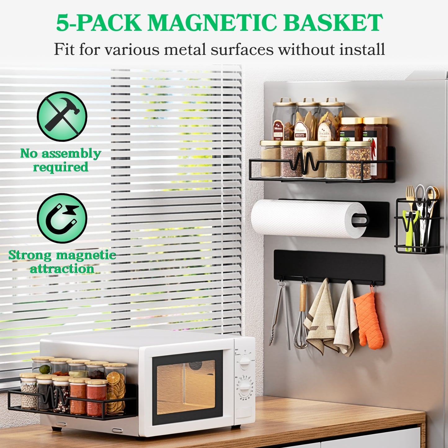 5-Pack Magnetic Spice Rack for Refrigerator, Heavy Duty Magnetic Shelf for Fridge Set with Paper Towel Holder, Utensils Racks & Hook Rail, Home Kitchen Laundry Room RV Storage Organization- Black