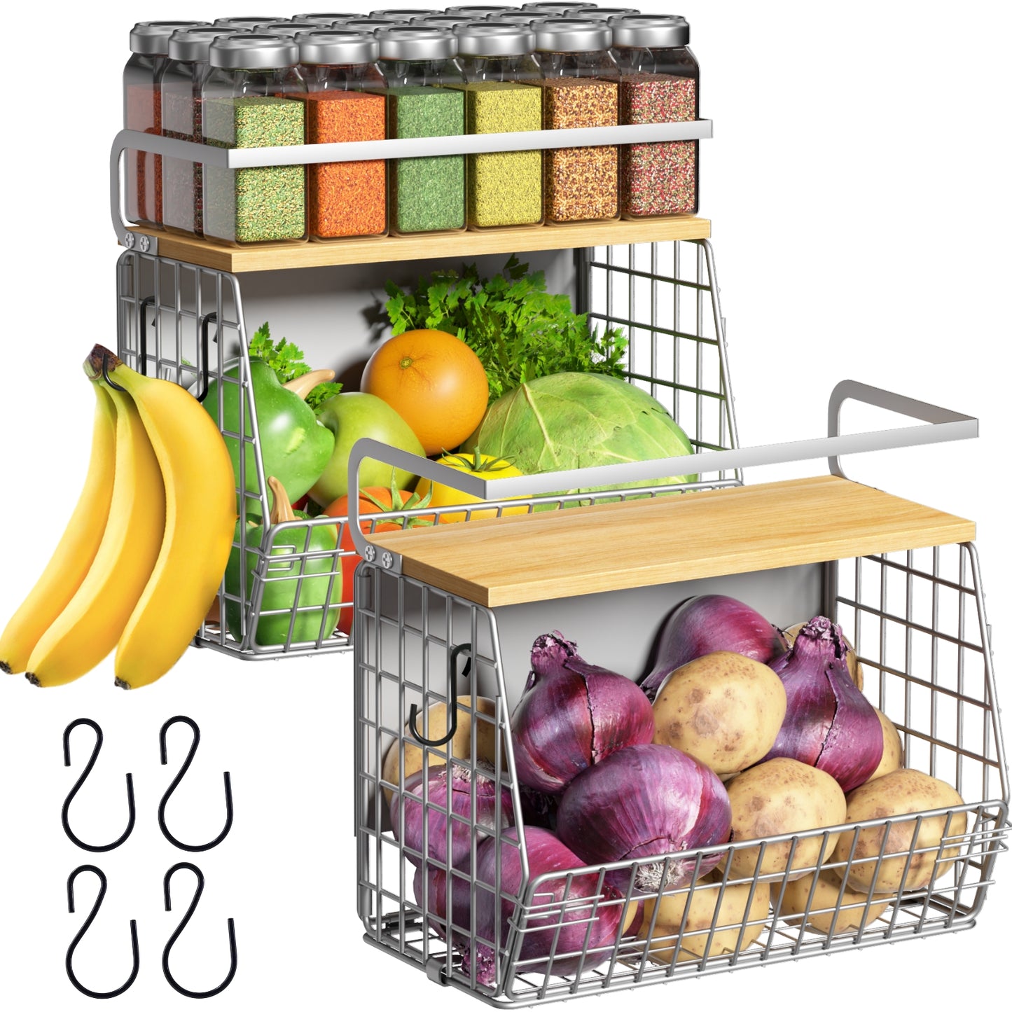 Magnetic Shelf for Refrigerator with Wood Lid, Fruit Potato & Onion Storage Bins, Pantry Organizers & Storage, Large Container Magnetic Spice Rack for Refrigerator, Kitchen Counter, Cabinet