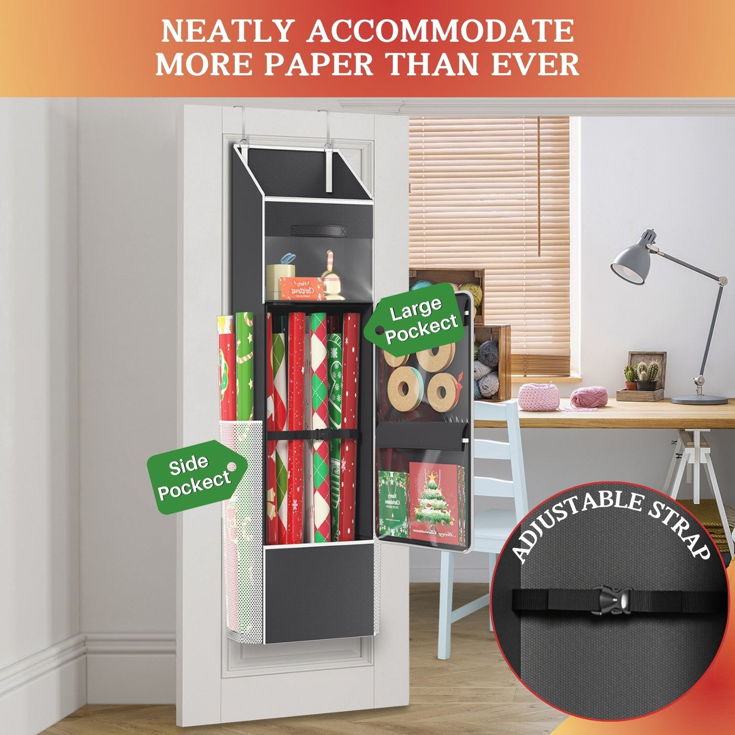 Ofiray-home 2-in-1 Wrapping Paper Organizer Storage, Over Door or Under Bed Organizer with Removable Drawer & 4 Clear Pockets Wrap Storage for Ribbons, Bows, Ornament and Other Tools