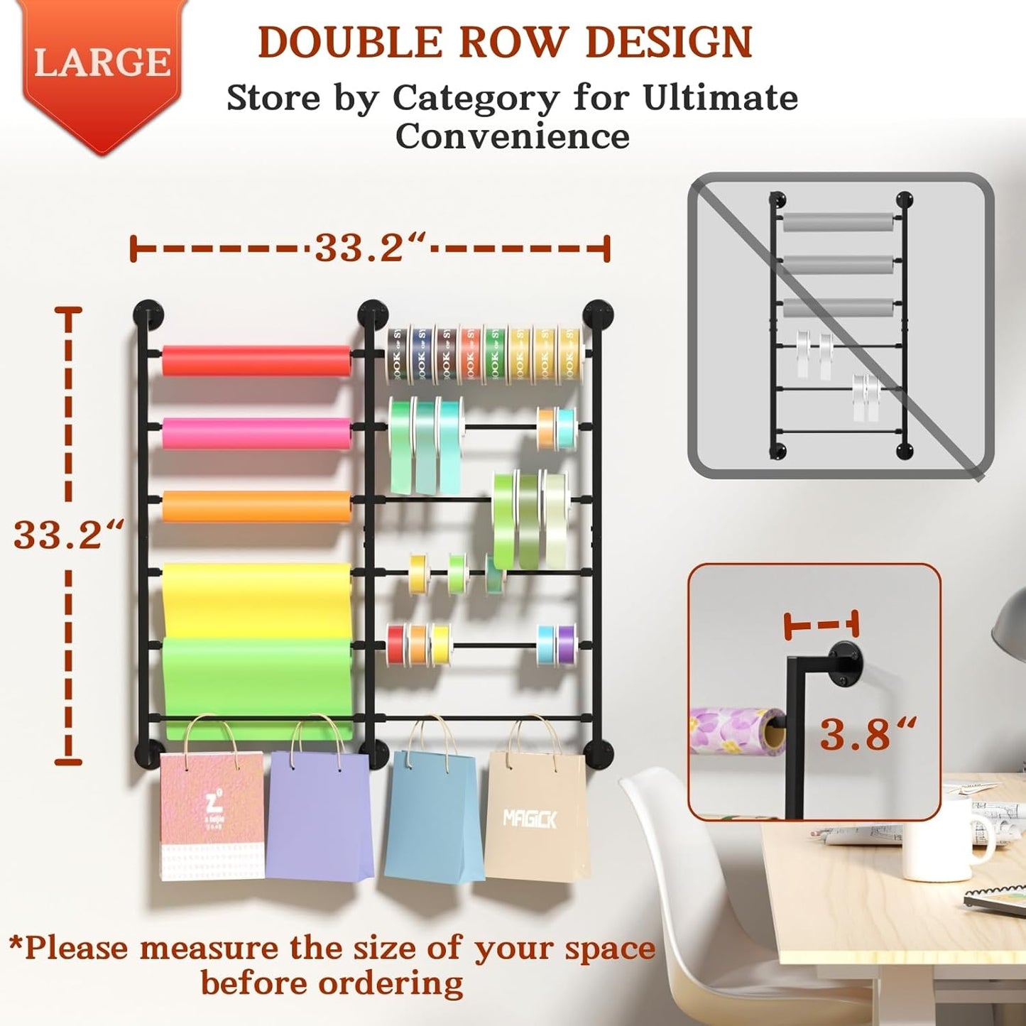 Double 6-Tier Ribbon Storage Organizer, Large Capacity Wall Mount Ribbon Organizer with 12 Removable Rods, Gift Bag Yarn Storage Holder for Craft Room, Flower Shop, DIY Supplies - Metal