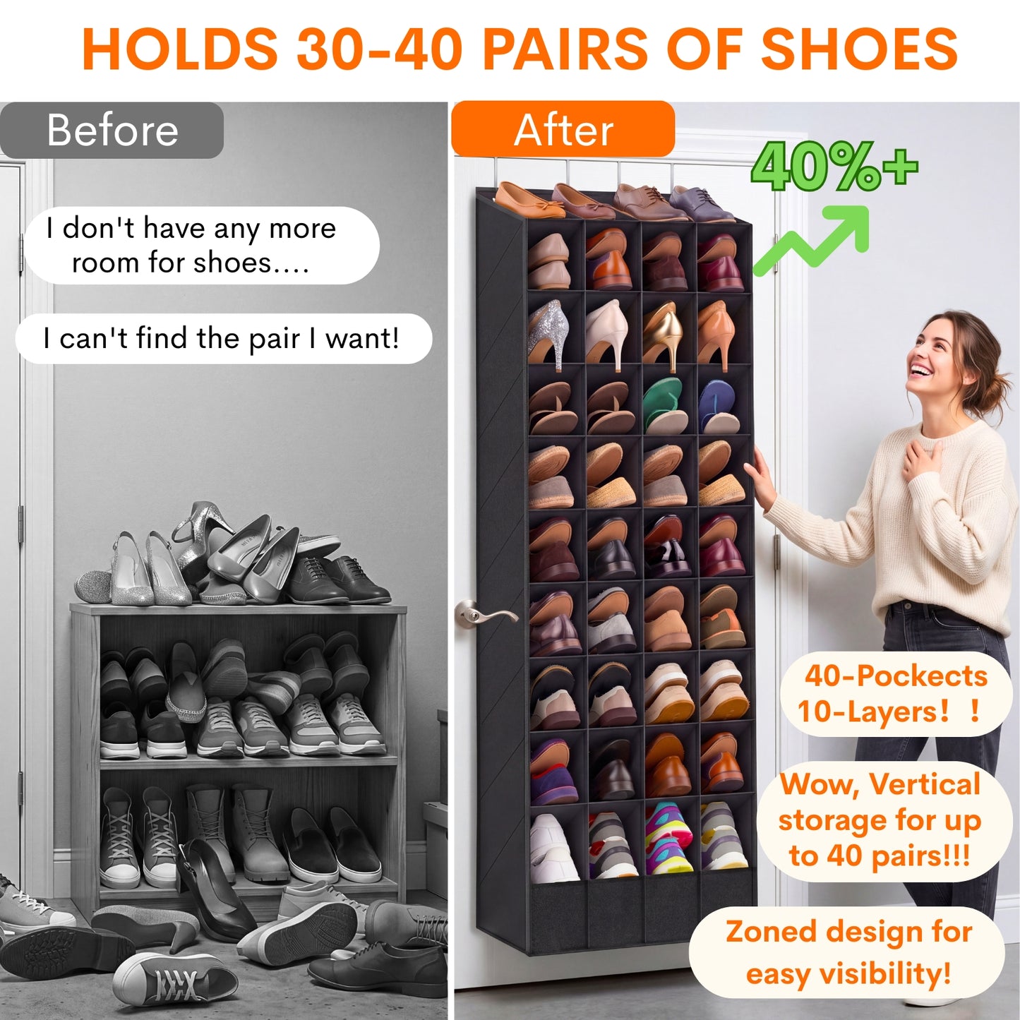 30-40 Pairs Over the Door Shoe Organizer, Large & Deep Pockets Hanging Shoe Rack, Space-Saving Closet Door Organizer Fits Boots,Sneakers or Larger Shoes,Shoe Storage for Bedroom,Small Closet,Entryway
