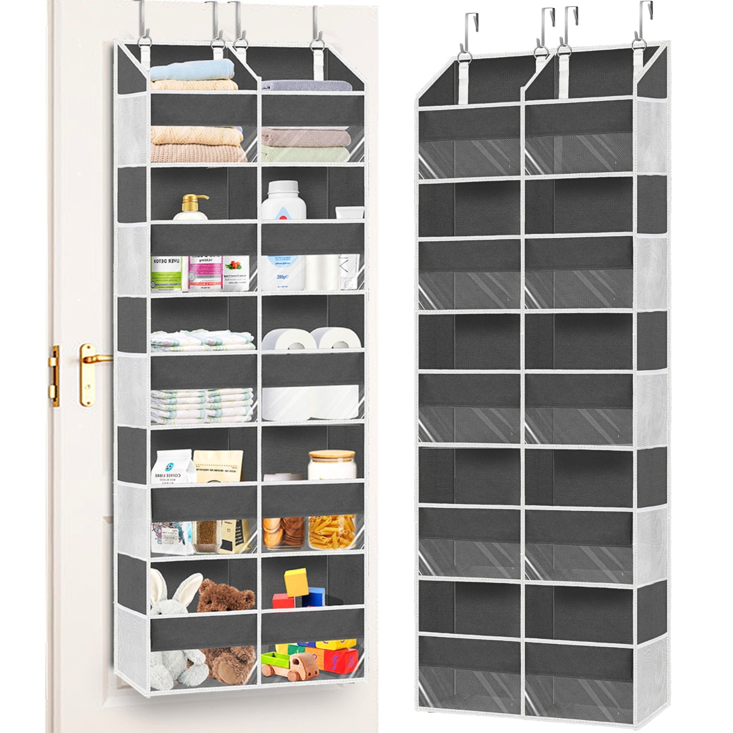 Over Door Organizer, 5-Tier Large Hanging Storage Organizer with 10 Mesh Side Pockets Behind Door Storage Shelf with Clear Windows for Kitchen Bathroom Bedroom Nursery, Toys, Diapers, Shoe
