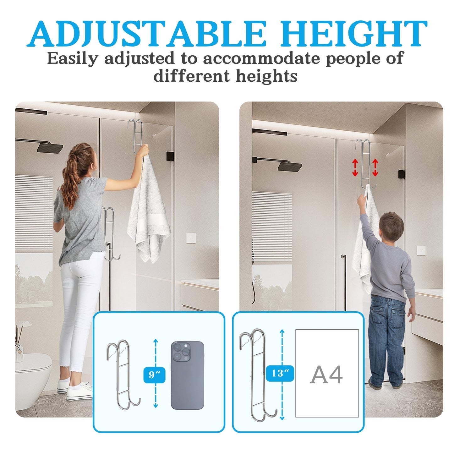 Ofiray-home Shower Door Towel Hooks - 9"~13" Length Adjustable Hook for Frameless Over The Door Glass, Squeegee Holder, Towel Hanger for Bath Suits Rozer Robes Loofahs Shavers, 2-Pack, Stainless Steel