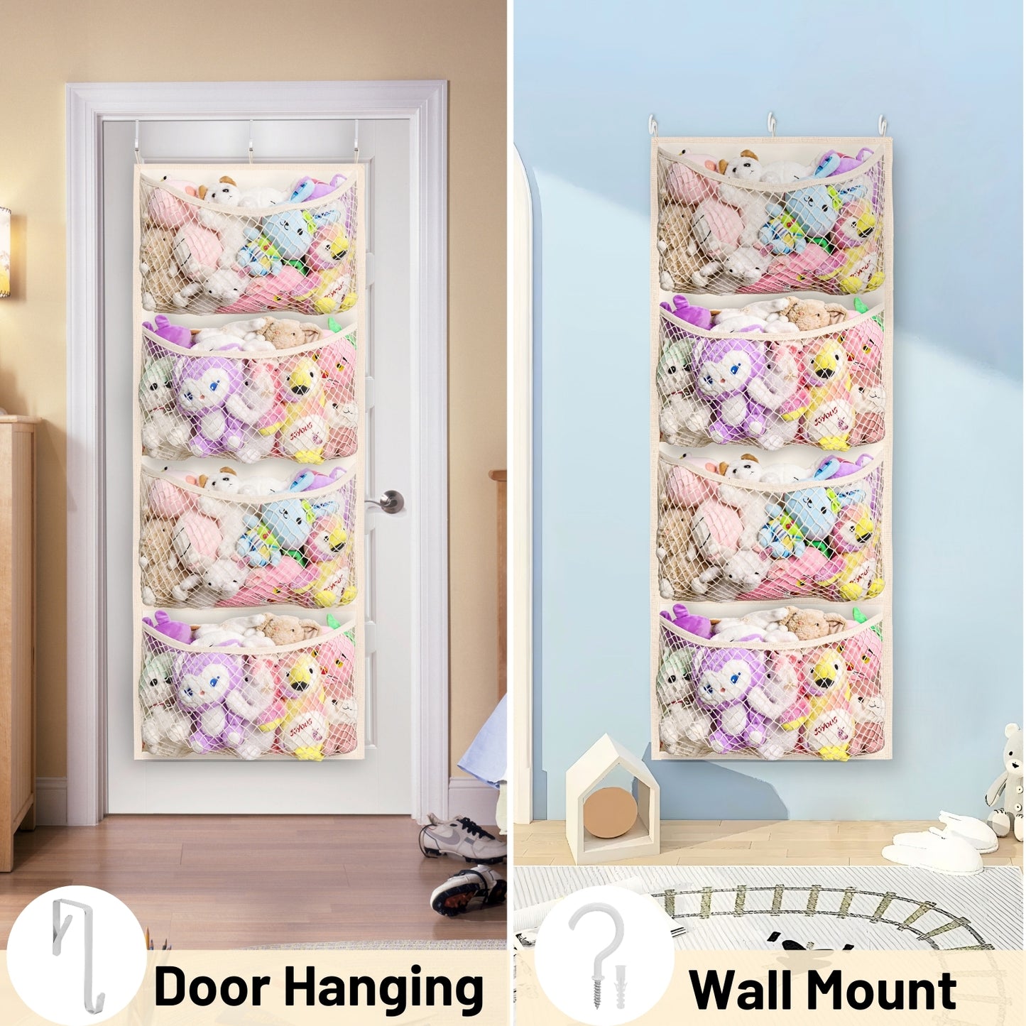 Over The Door Stuffed Animal Storage, Cotton Toy Organizer for Storage Plush Toys,Baby Supplies, Stuffed Animal Holder with 4 Large Pockets, Hanging Door Organizer for Nursery, Bedroom, Kids Room