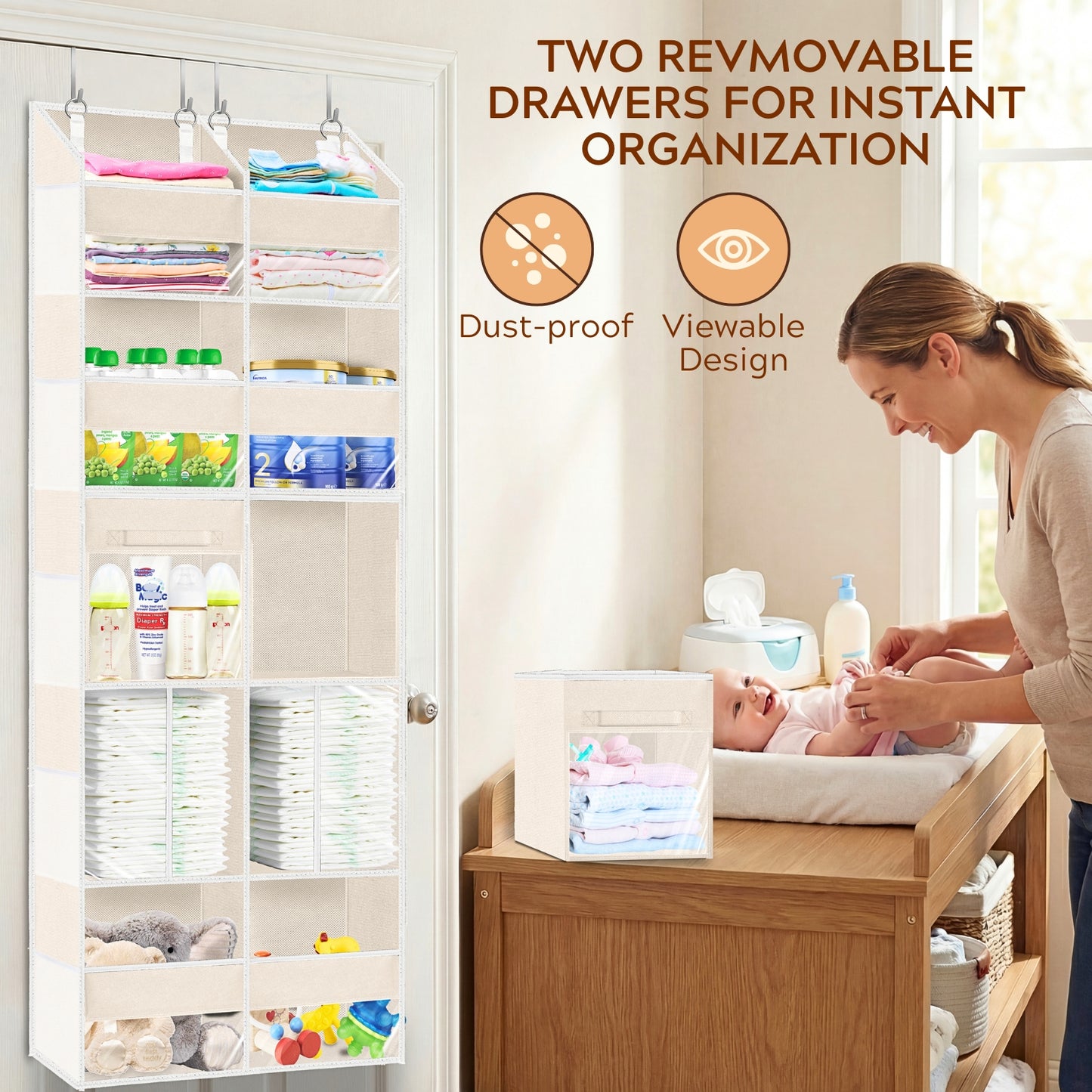Over the Door Organizer 5 Tiers with Removable Drawers, Extra Large Door Storage of 6 Compartments & 2 Diaper Storage, Double-Column Clear Window Door Hanging Organizer for Nursery, Closet, Pantry