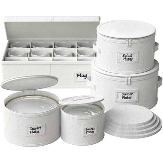 China Storage Containers, Hard Shell Dish Storage Containers with 48 Felt Dividers, 5 Piece Dish Organizers for Dinner Plates, Saucers & Mugs, Perfect for Seasonal Storage & Moving Supplies