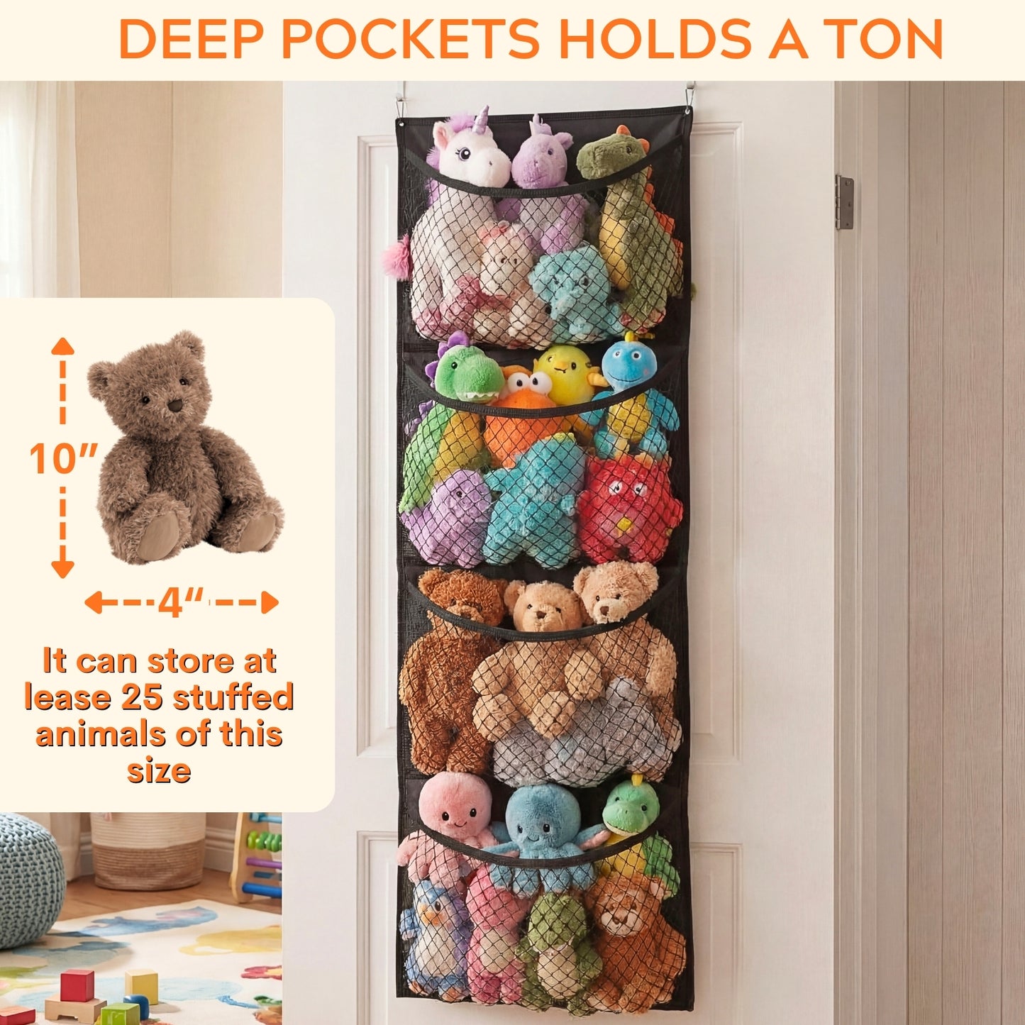 Over The Door Stuffed Animal Storage, Cotton Toy Organizer for Storage Plush Toys,Baby Supplies, Stuffed Animal Holder with 4 Large Pockets, Hanging Door Organizer for Nursery, Bedroom, Kids Room