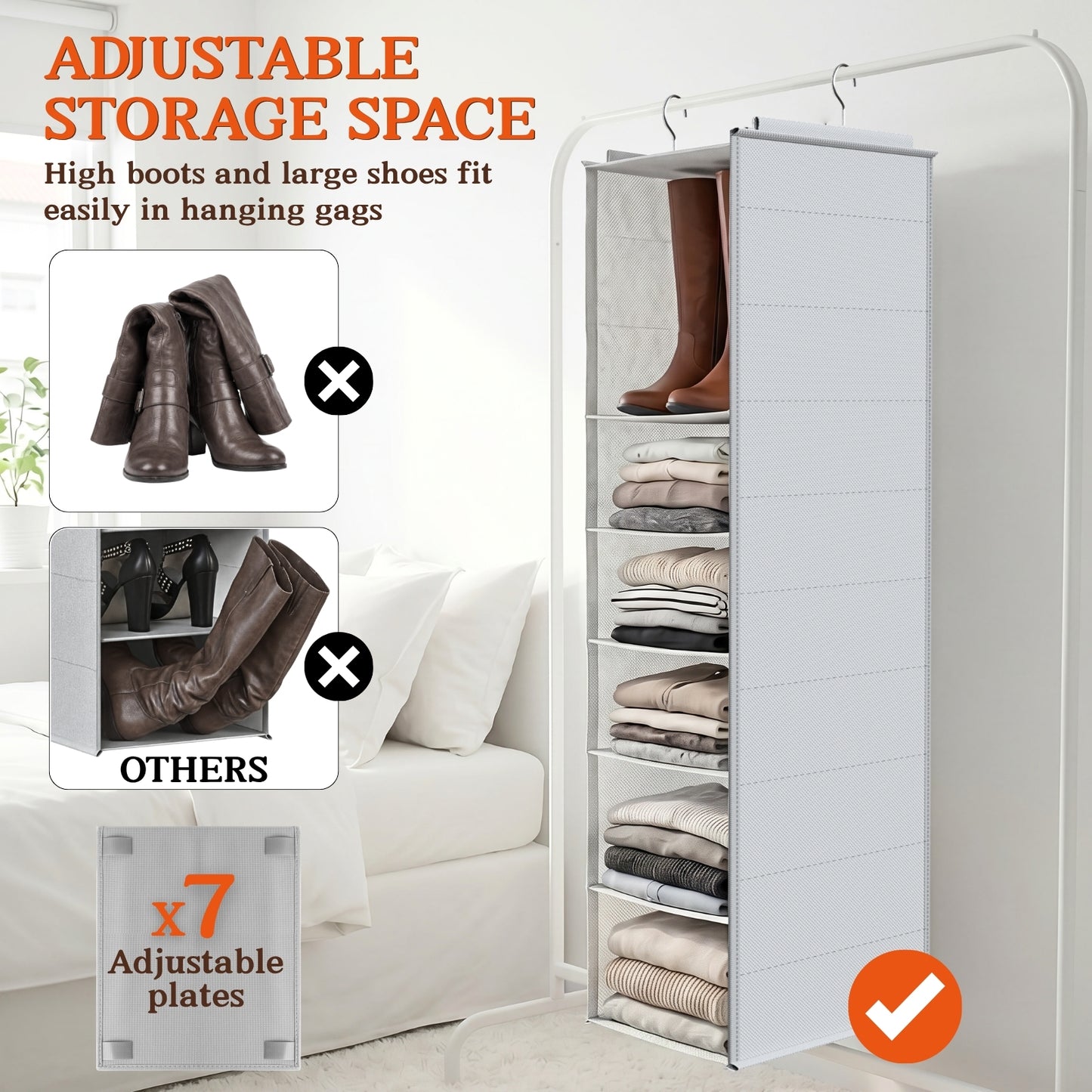Ofiray-home Hanging Shoe Organizer for Closet, 8 Tier Closet Shoe Organizer with Adjustable Shelves for Boots, Heavy Duty Hanging Closet Organizer, Shoe Storage Organizer for Closet Rod