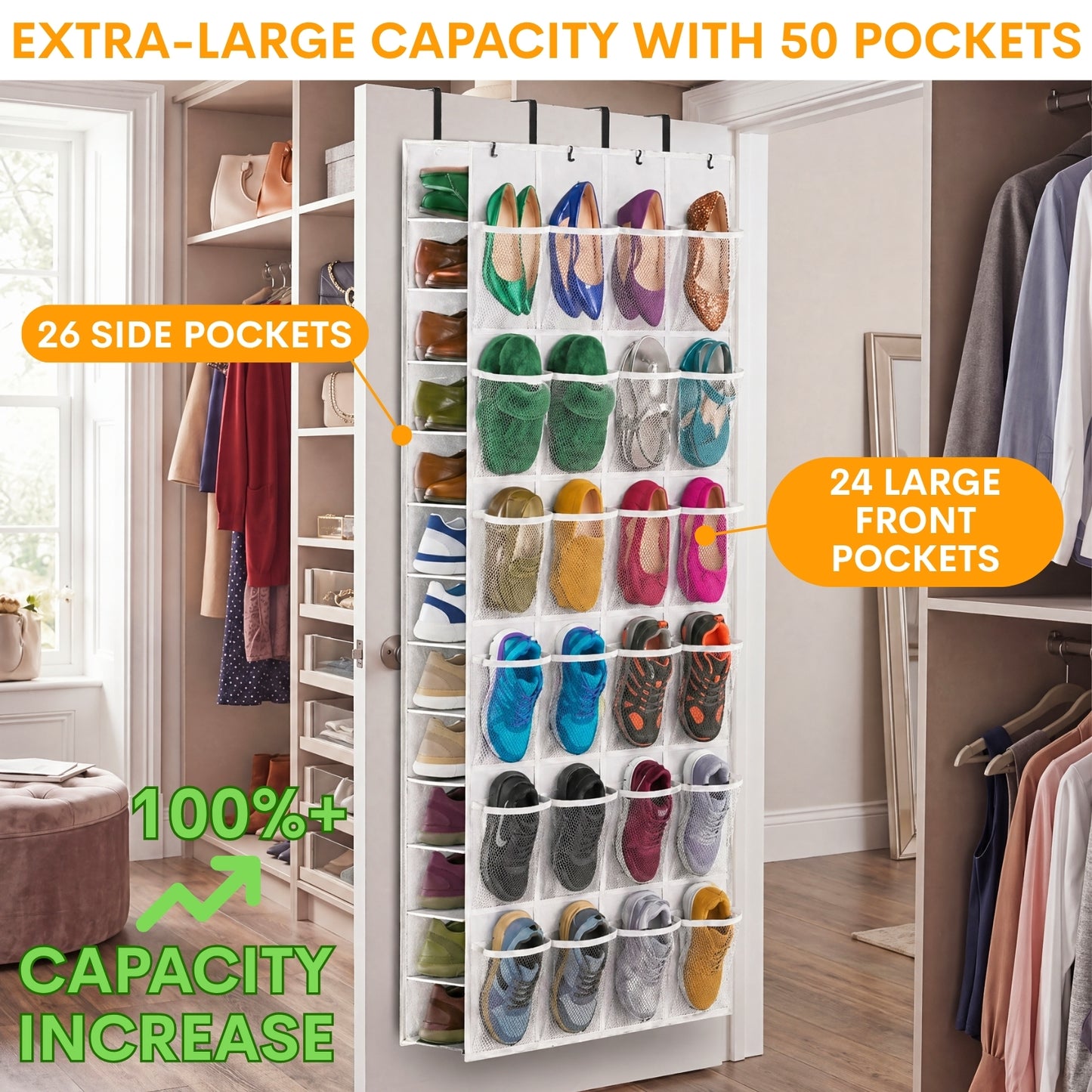 Over The Door Shoe Organizer, 50 Large Pockets Double-Sided Shoe Organizer for Closet Door, Hanging Shoe Storage Up to 50 Pairs, Mesh Front Pockets & Side Storage for Sneakers, Heels
