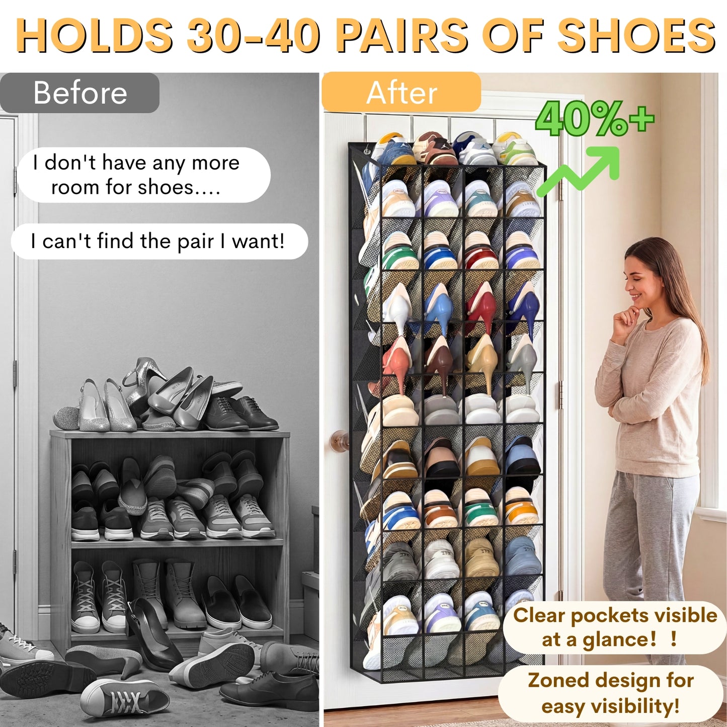 30-40 Pairs Over the Door Shoe Organizer, Clear Large Pockets Hanging Shoe Rack, Space-Saving Closet Door Organizer Fits Boots,Sneakers or Larger Shoes,Shoe Storage for Bedroom,Small Closet,Entryway