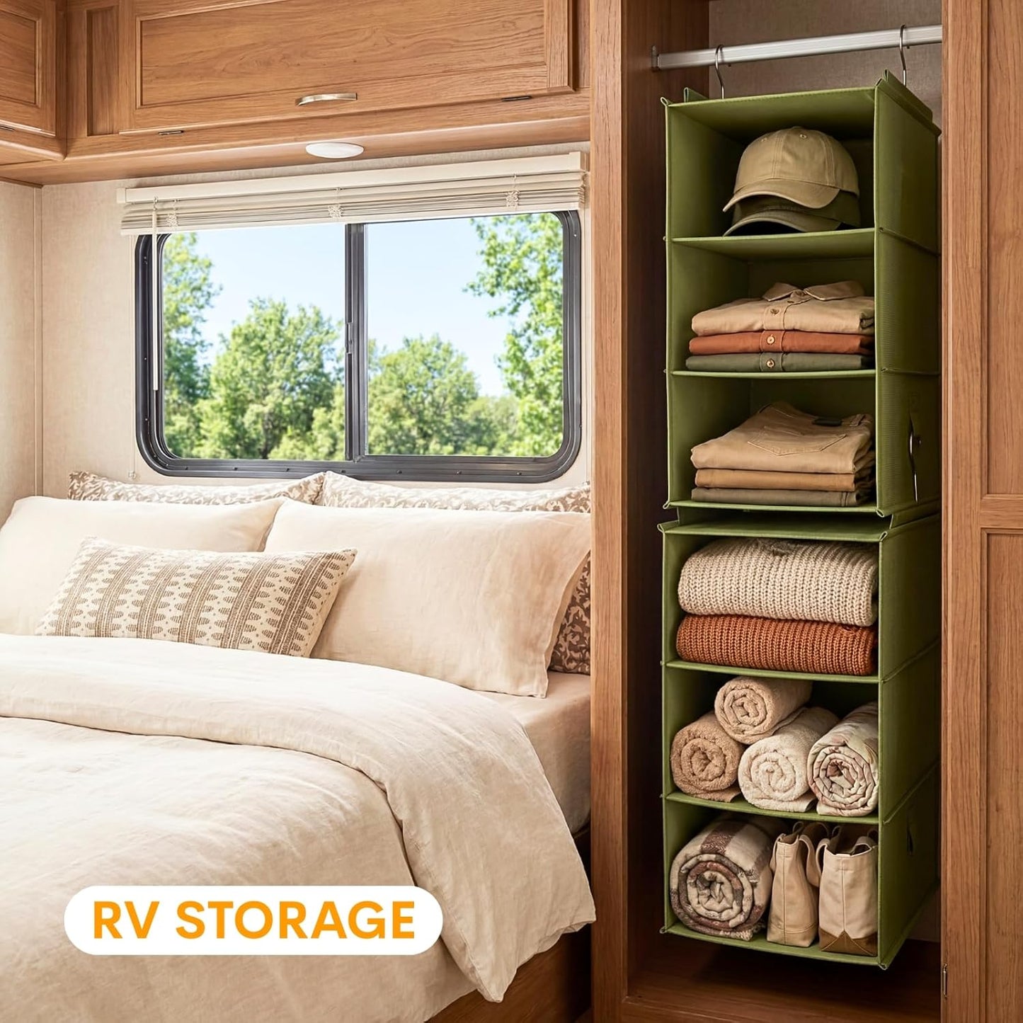 Extra Deep Hanging Closet Organizer 2 Pack, 3-Shelf Separable Closet Organizers and Storage with Linen Texture, Foldable Space-Saving Hanging Shelves for Clothes, Handbag, Hats, Dorm & RVs