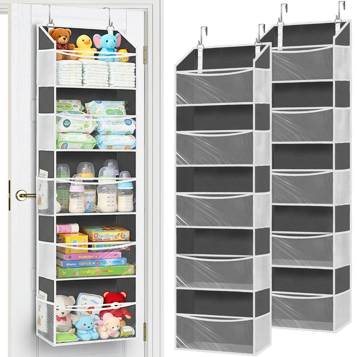 Ofiray-home Over Door Organizer with 5 Large Pockets, 5 Transparent Front Pockets & 10 Mesh Side Pockets, 50 lbs Weight Capacity Hanging Storage for Toys, Shoes, Diapers, Pantry – Grey