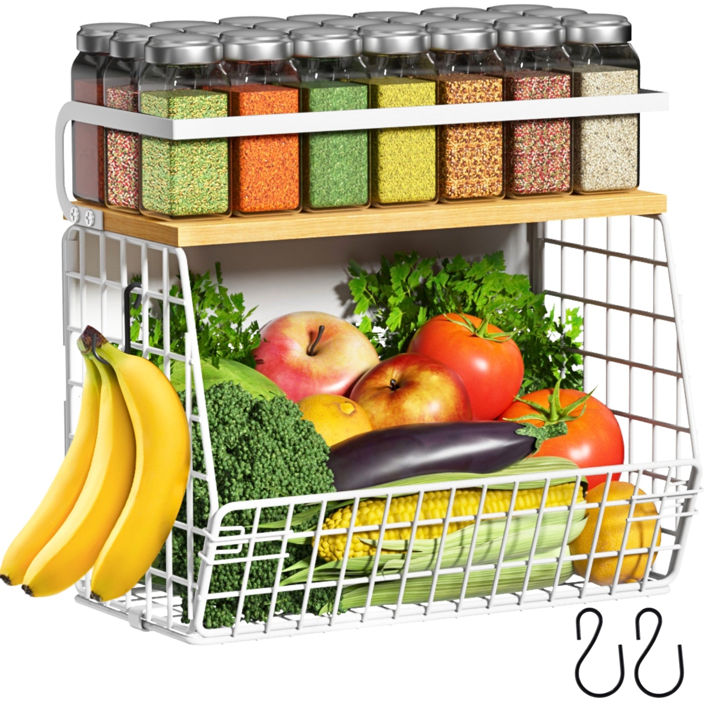 Magnetic Shelf for Refrigerator with Wood Lid, Fruit Potato & Onion Storage Bins, Pantry Organizers & Storage, Large Container Magnetic Spice Rack for Refrigerator, Kitchen Counter, Cabinet