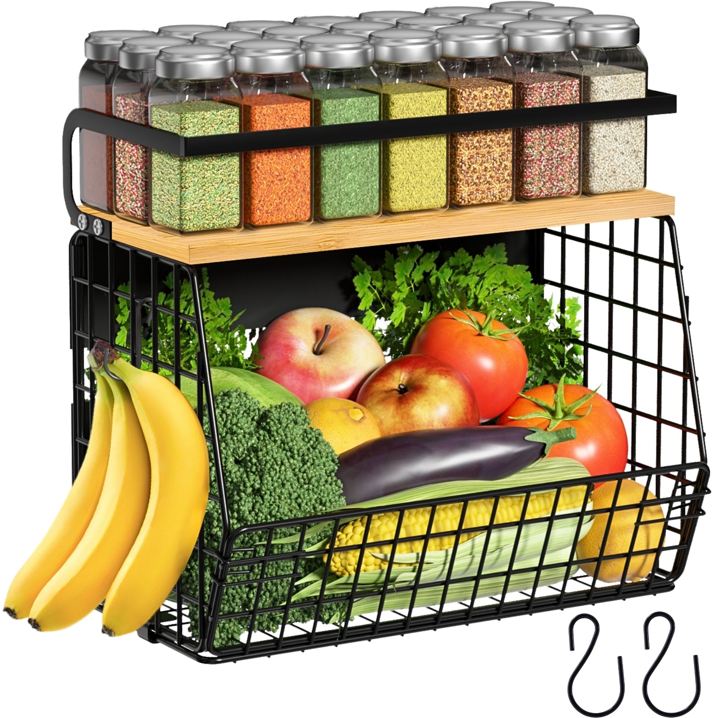 Magnetic Shelf for Refrigerator with Wood Lid, Fruit Potato & Onion Storage Bins, Pantry Organizers & Storage, Large Container Magnetic Spice Rack for Refrigerator, Kitchen Counter, Cabinet