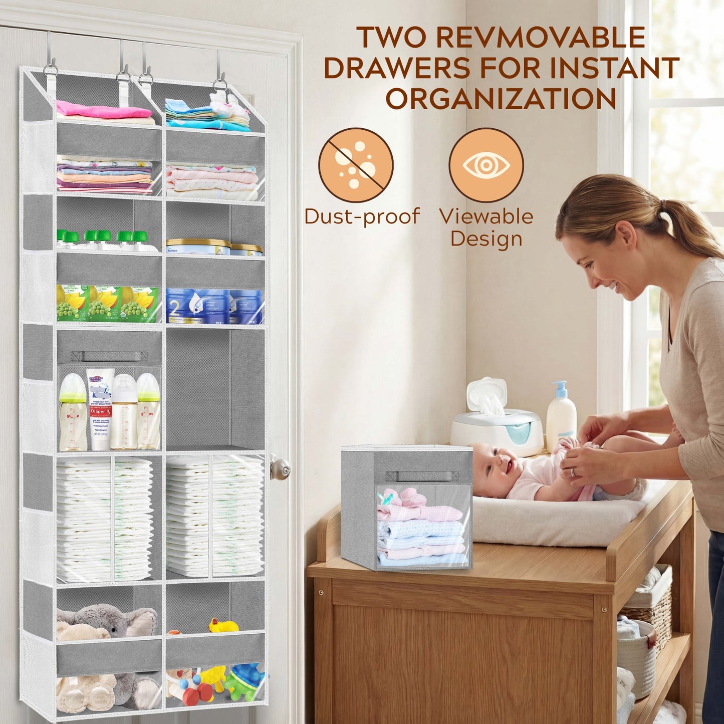 Over the Door Organizer 5 Tiers with Removable Drawers, Extra Large Door Storage of 6 Compartments & 2 Diaper Storage, Double-Column Clear Window Door Hanging Organizer for Nursery, Closet, Pantry