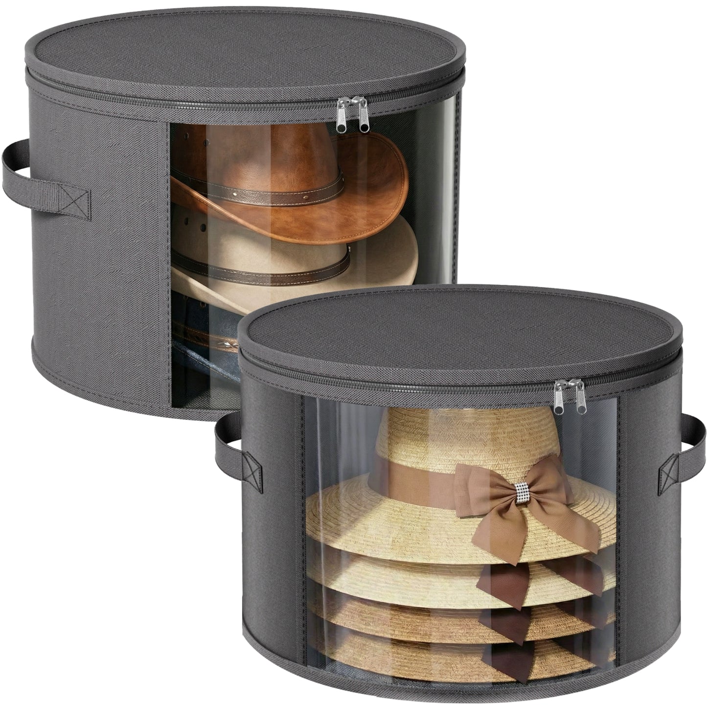 Ofiray-home 2 Pack Large Clear Hat Storage Boxes, Hold up to 7-9 Hats, Hat Organizer for Closet, Sturdy & Foldable, Hat Box with Carrying Handles for Round Brim, Wide-Brim, Cowboy, Sun Hat