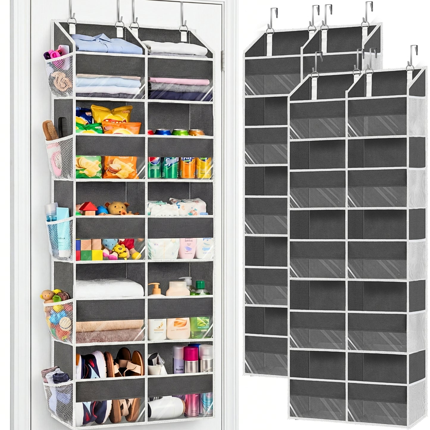 Over Door Organizer, 5-Tier Large Hanging Storage Organizer with 10 Mesh Side Pockets Behind Door Storage Shelf with Clear Windows for Kitchen Bathroom Bedroom Nursery, Toys, Diapers, Shoe