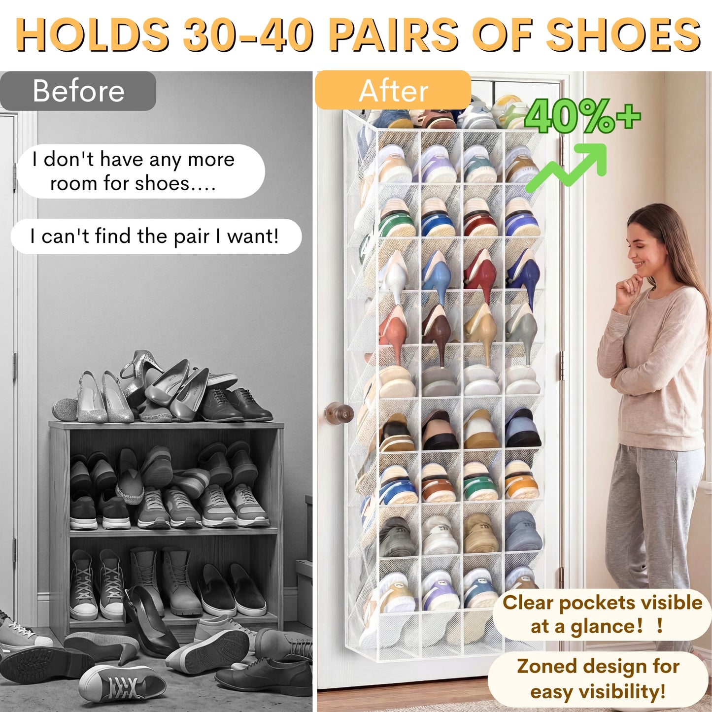 30-40 Pairs Over the Door Shoe Organizer, Clear Large Pockets Hanging Shoe Rack, Space-Saving Closet Door Organizer Fits Boots,Sneakers or Larger Shoes,Shoe Storage for Bedroom,Small Closet,Entryway