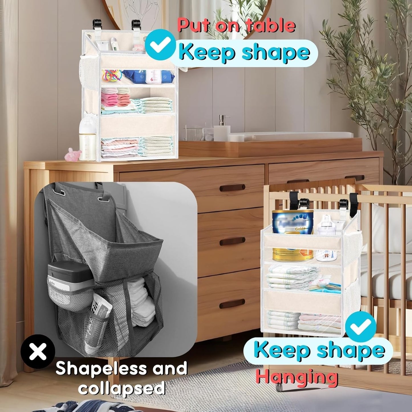 Ofiray-home Hanging Diaper Organizer for Changing Table,Cribs,Car,Playard or Wall & Nursery Organization-Durable 2-Tier Diaper Organizer with Mesh Pockets and Viewable Design, Won't Deform, Light Gray
